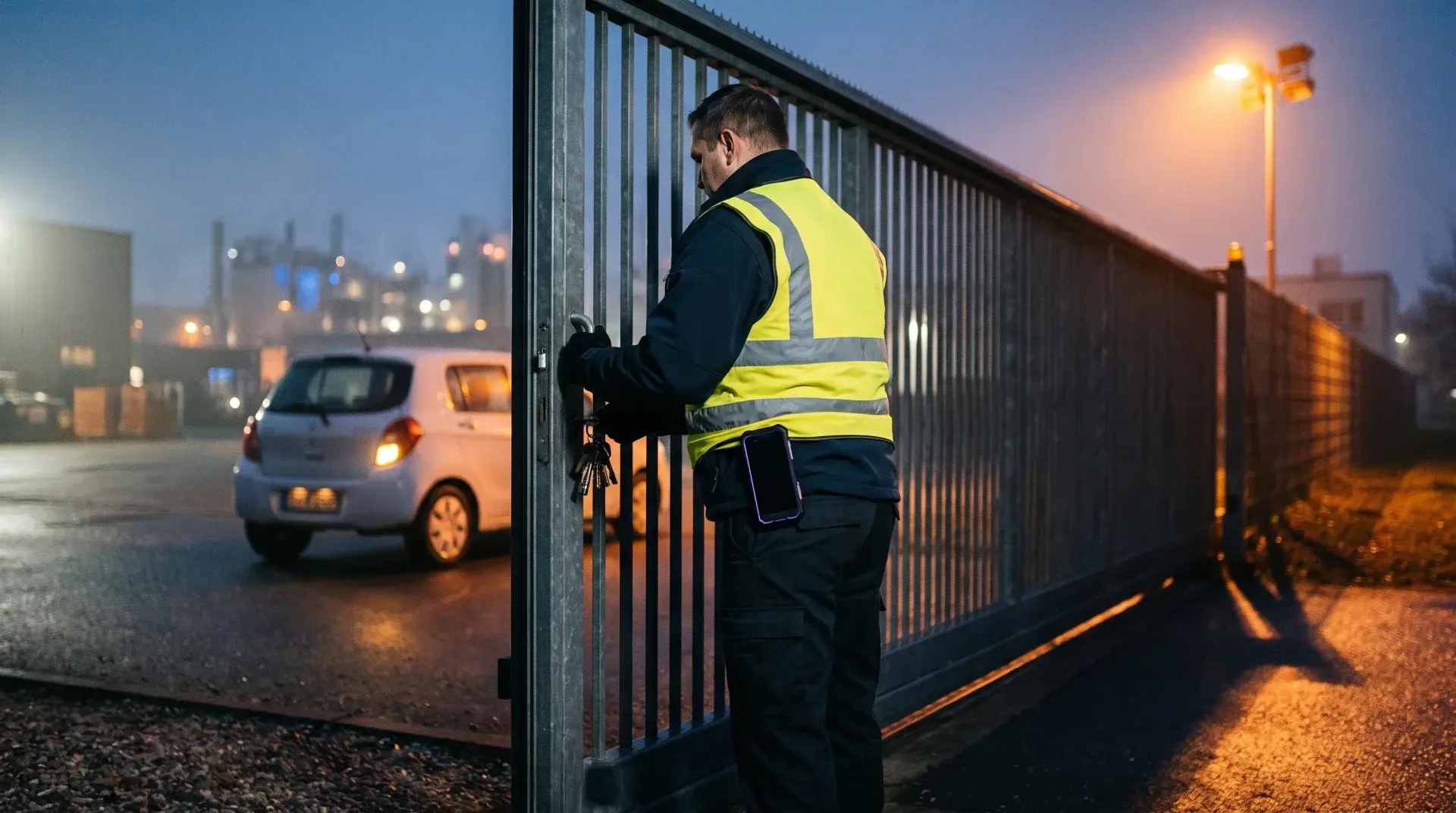 Sicherheitsmitarbeiter schließt nachts allein ein Werkstor auf, sein Streifenwagen wartet mit Licht dahinter