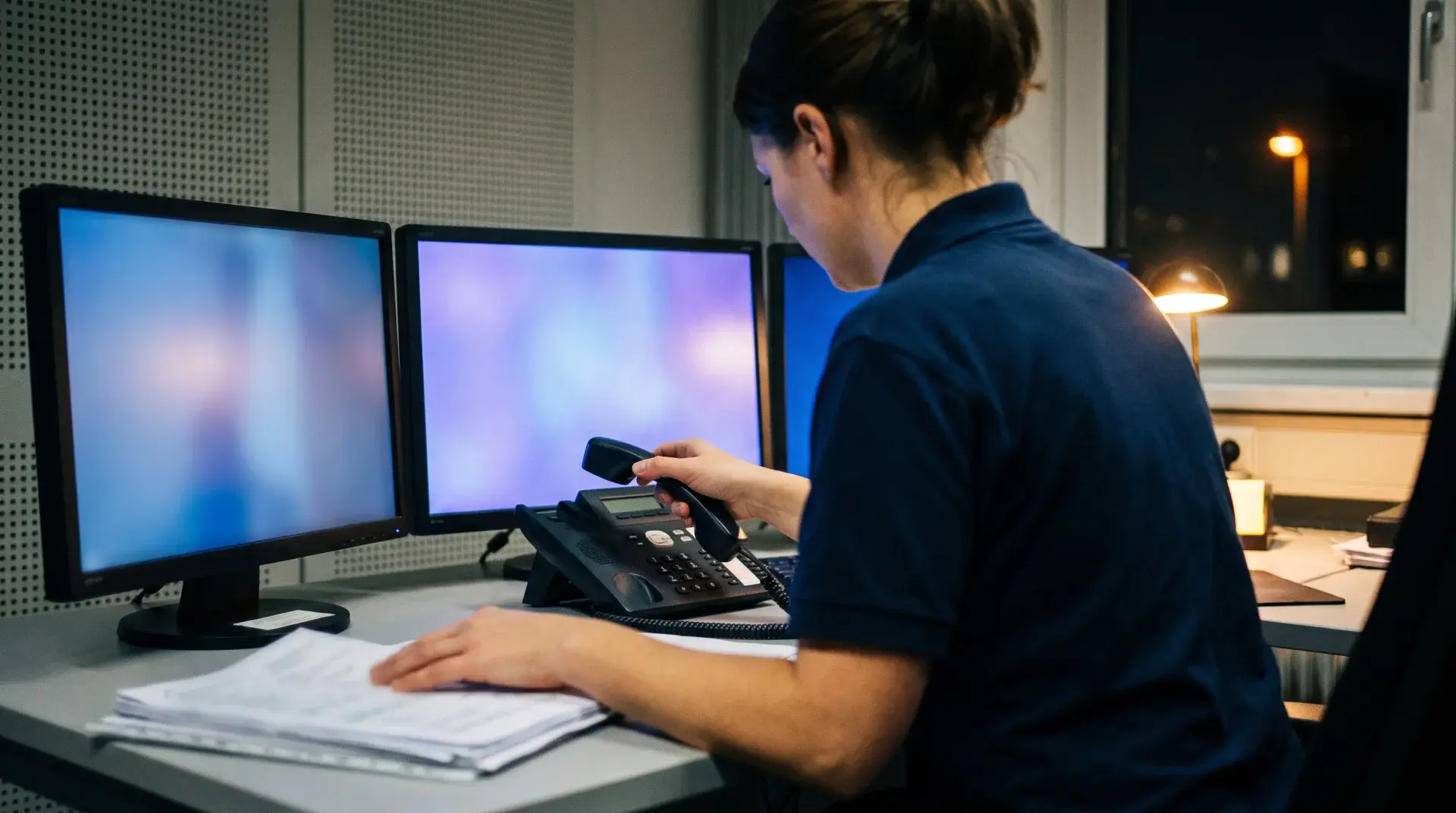 Disponentin einer Leitstelle nimmt nachts den Telefonhörer für einen Kontrollanruf ab, drei Monitore vor ihr
