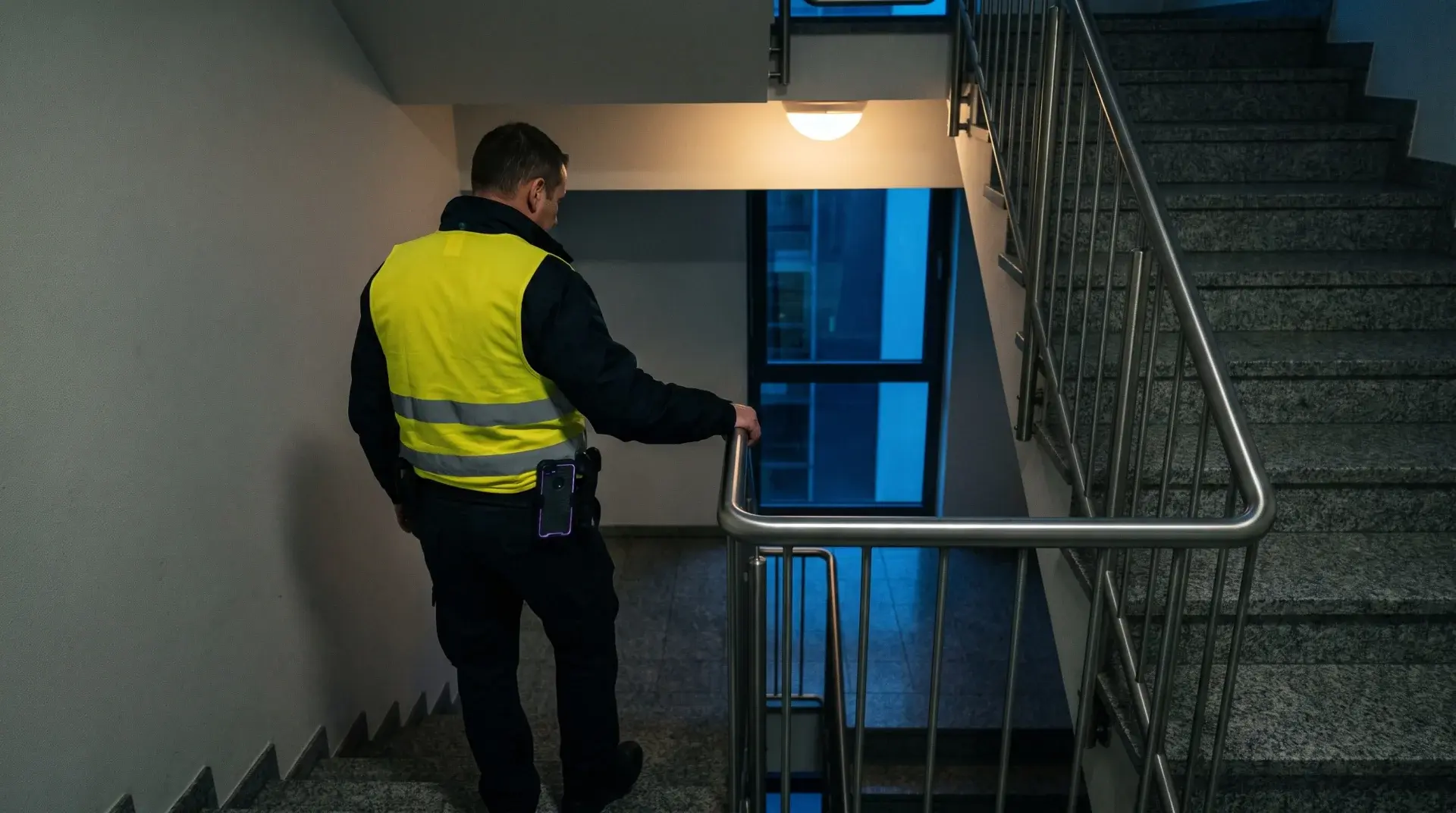 Sicherheitsmitarbeiter allein auf der Schließrunde im nächtlichen Treppenhaus, Hand am Handlauf, Blick ins Untergeschoss