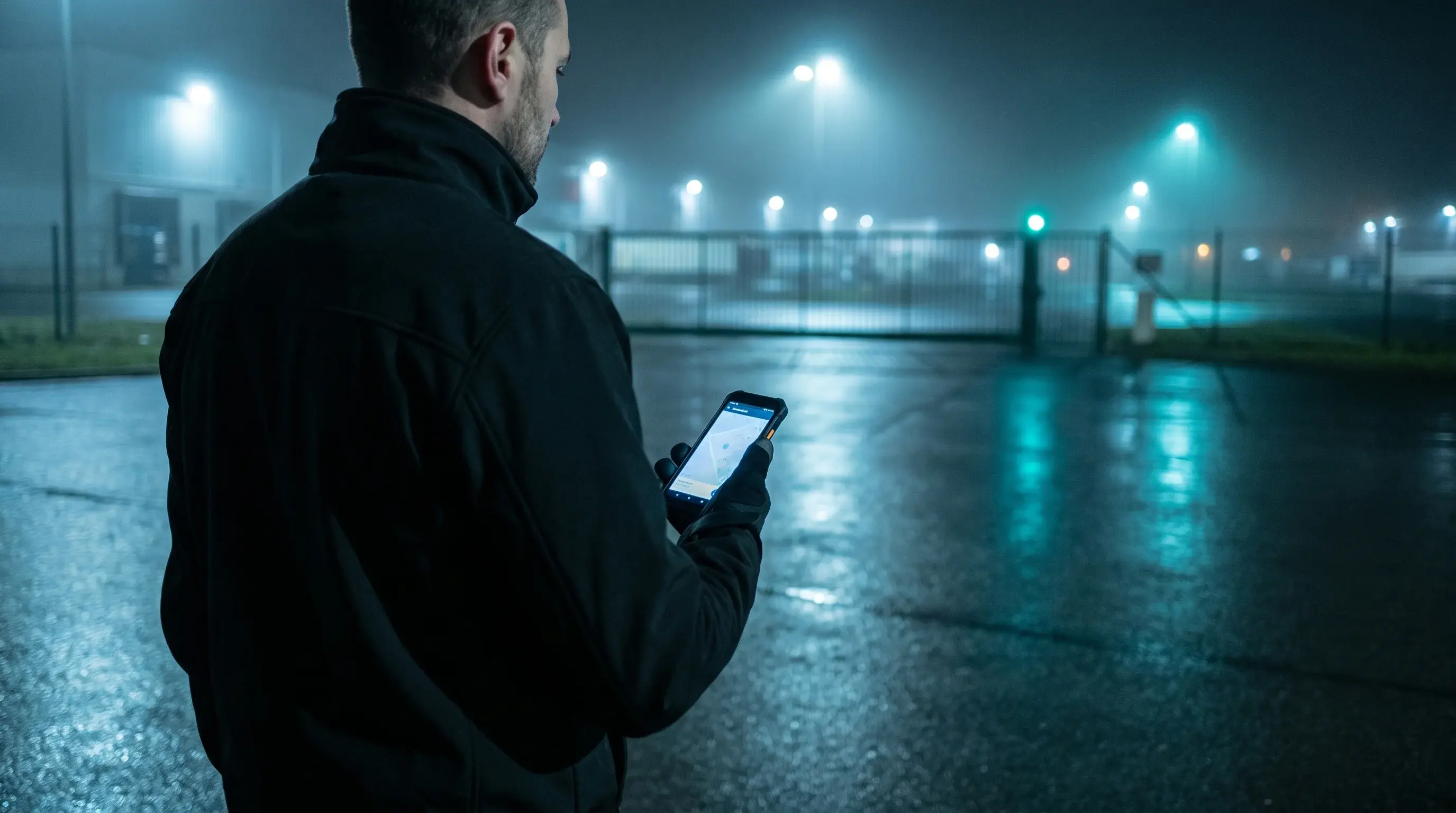 Agent de sécurité en ronde de nuit sur un site logistique, consultant un logiciel de contrôle de ronde sur un smartphone durci