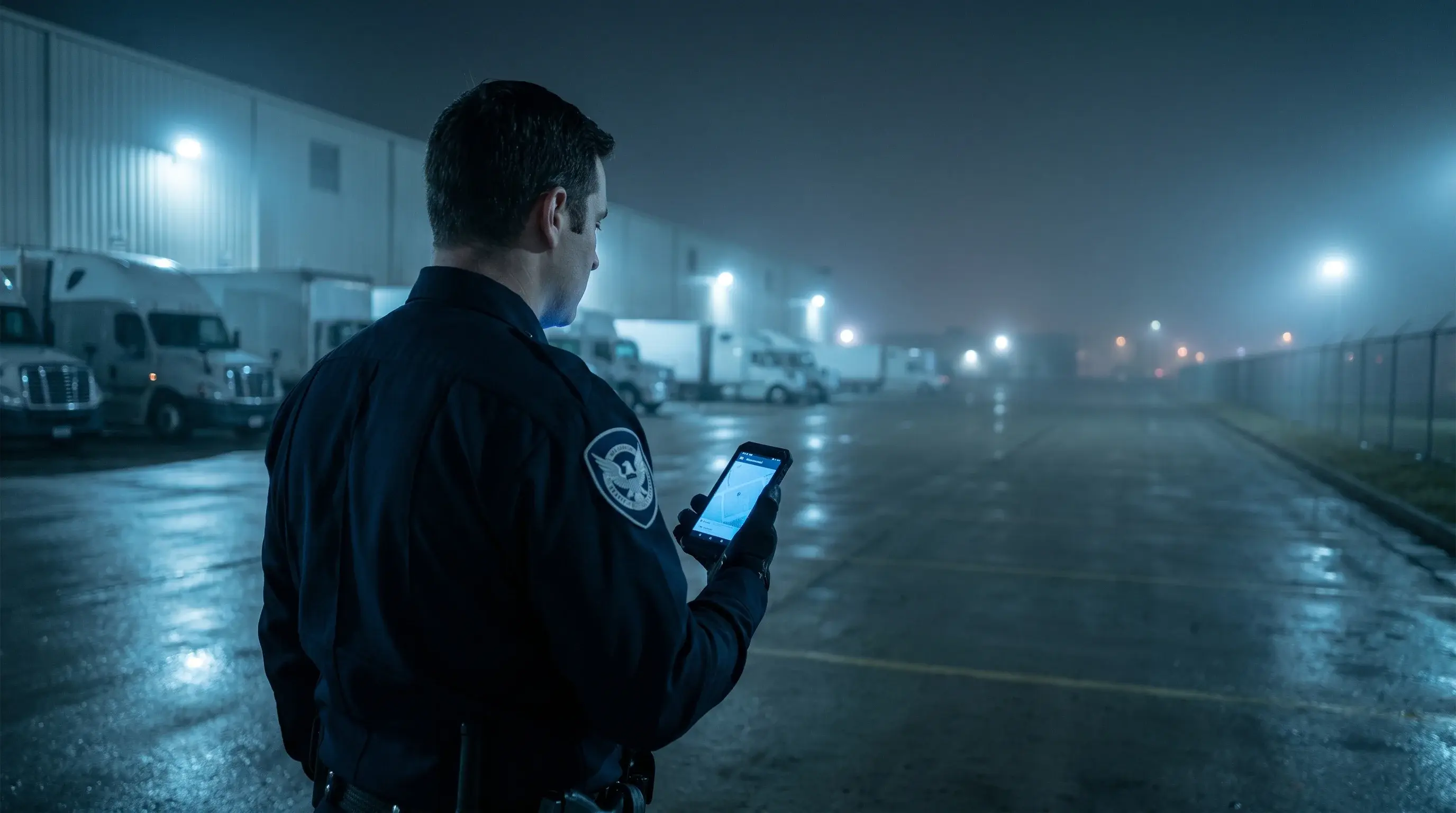 US security officer on night patrol at a distribution site, checking a guard tour system on a rugged phone