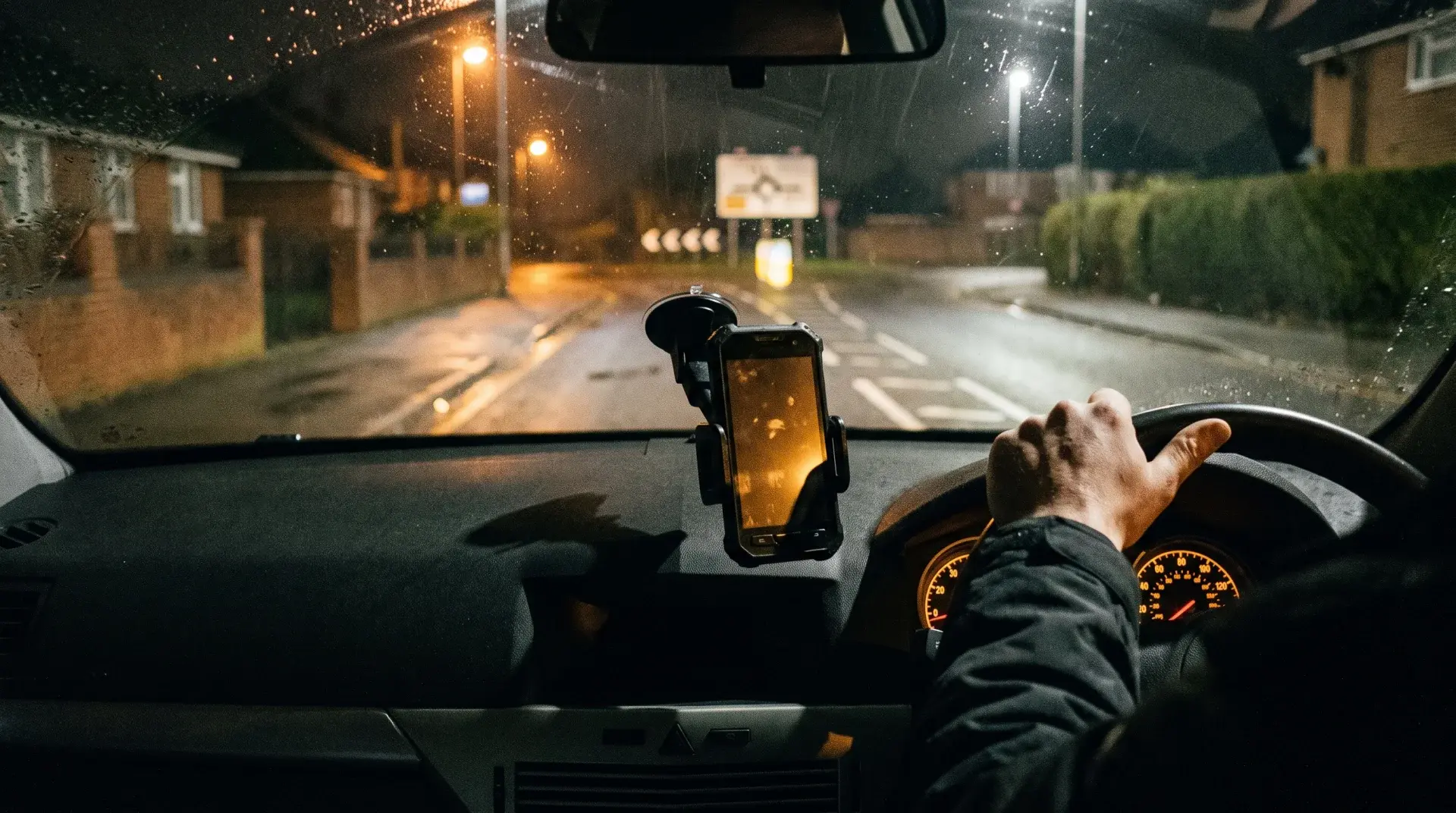 Rugged work handset in a dashboard mount inside a right-hand-drive patrol vehicle at night, wet road ahead