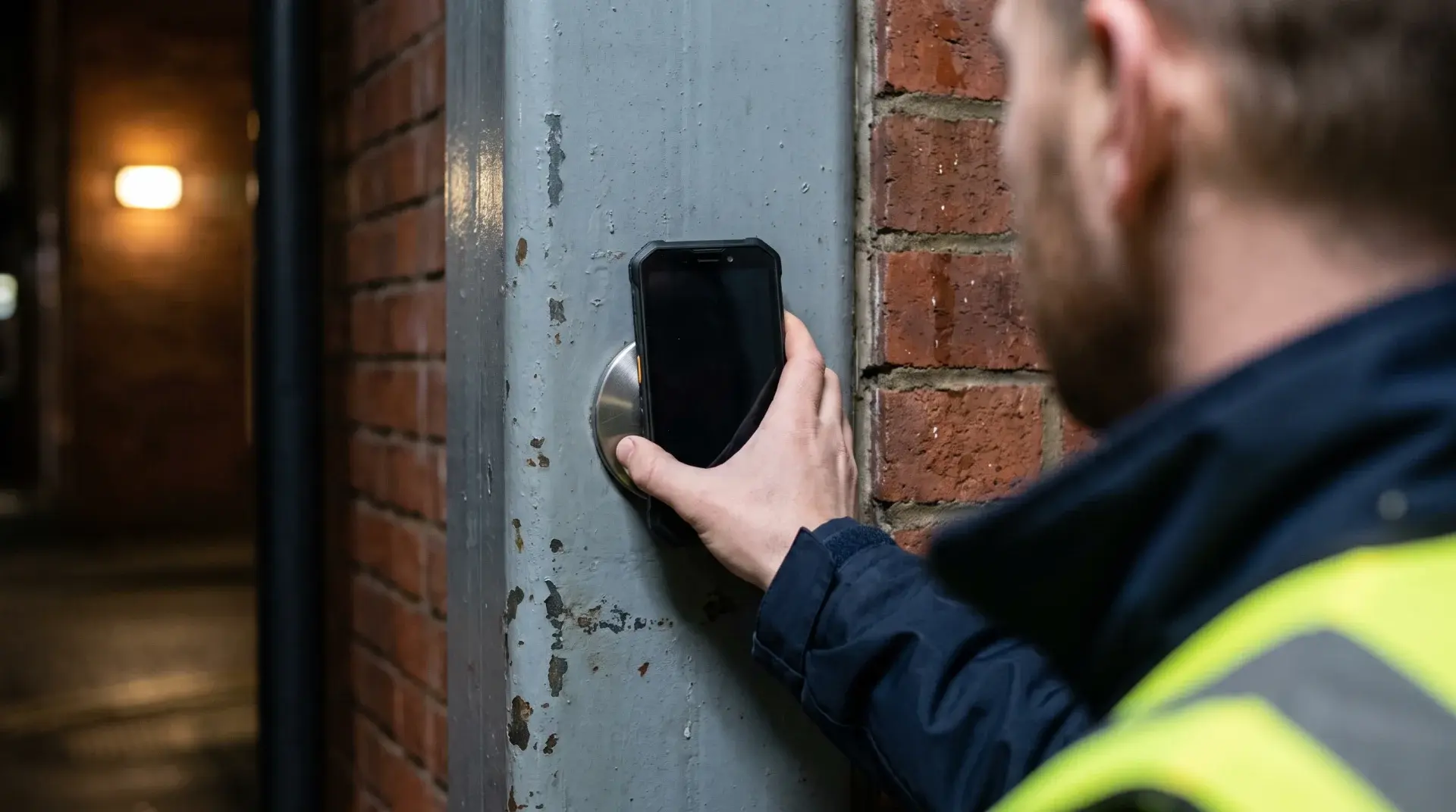 Security officer holding a rugged phone against a checkpoint disc on a steel door frame at night