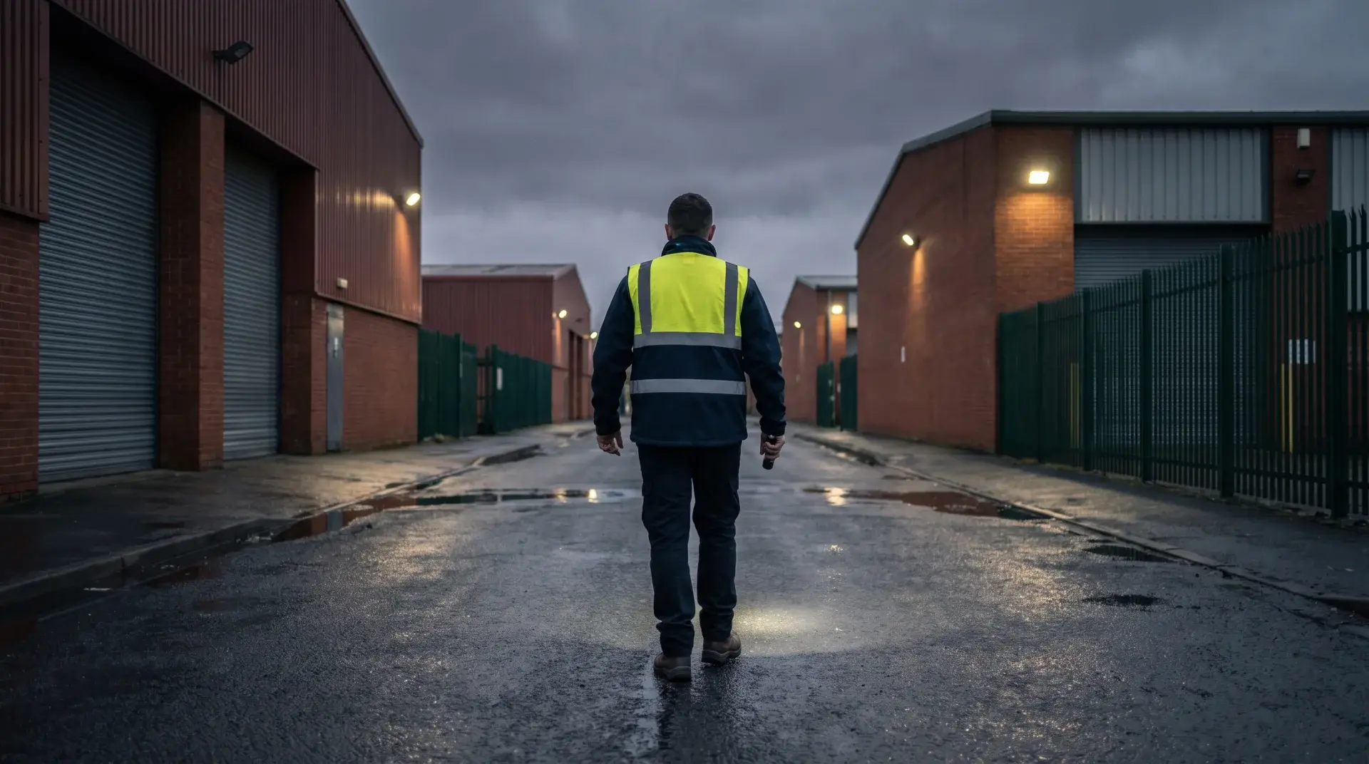 Lone security officer walking a wet service road between warehouse units on a British industrial estate before dawn