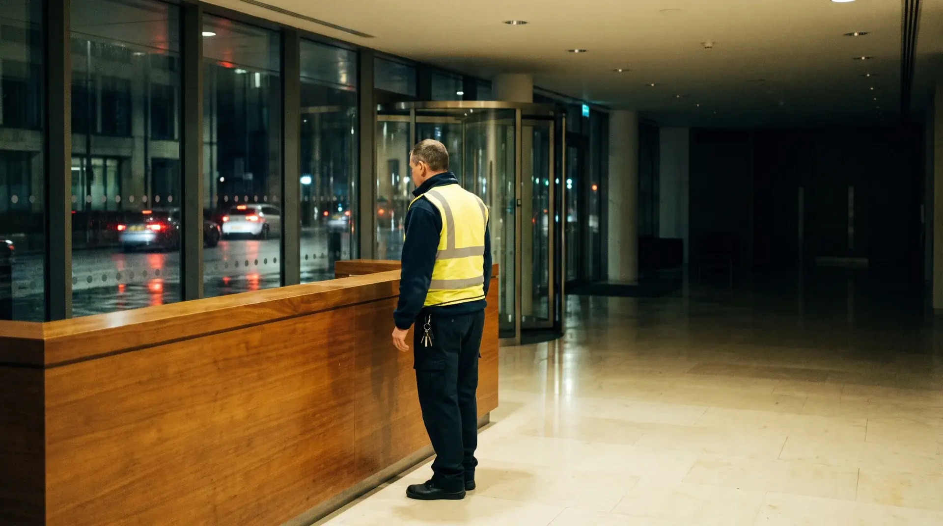 Lone officer standing at an empty reception counter in a British office lobby late at night, wet street outside