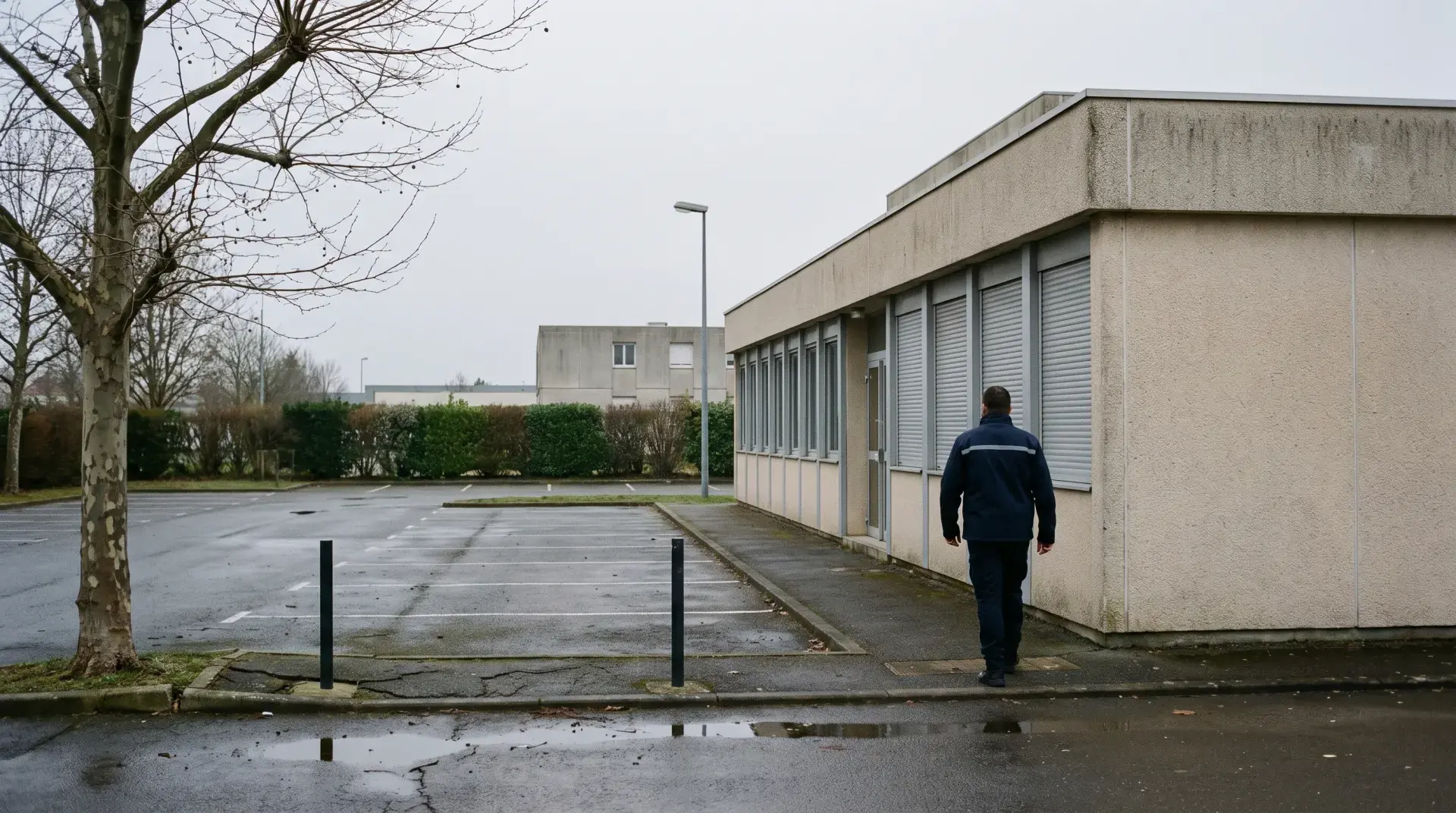 Un agent de sécurité longe la façade d’un immeuble de bureaux français en fin d’après-midi