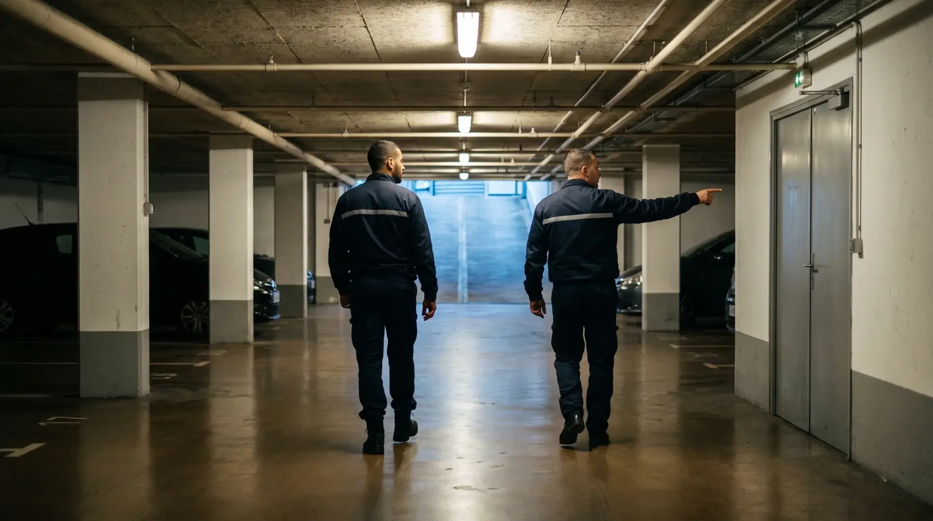 Deux agents de sécurité traversent un parking souterrain, l’un indiquant une porte de service