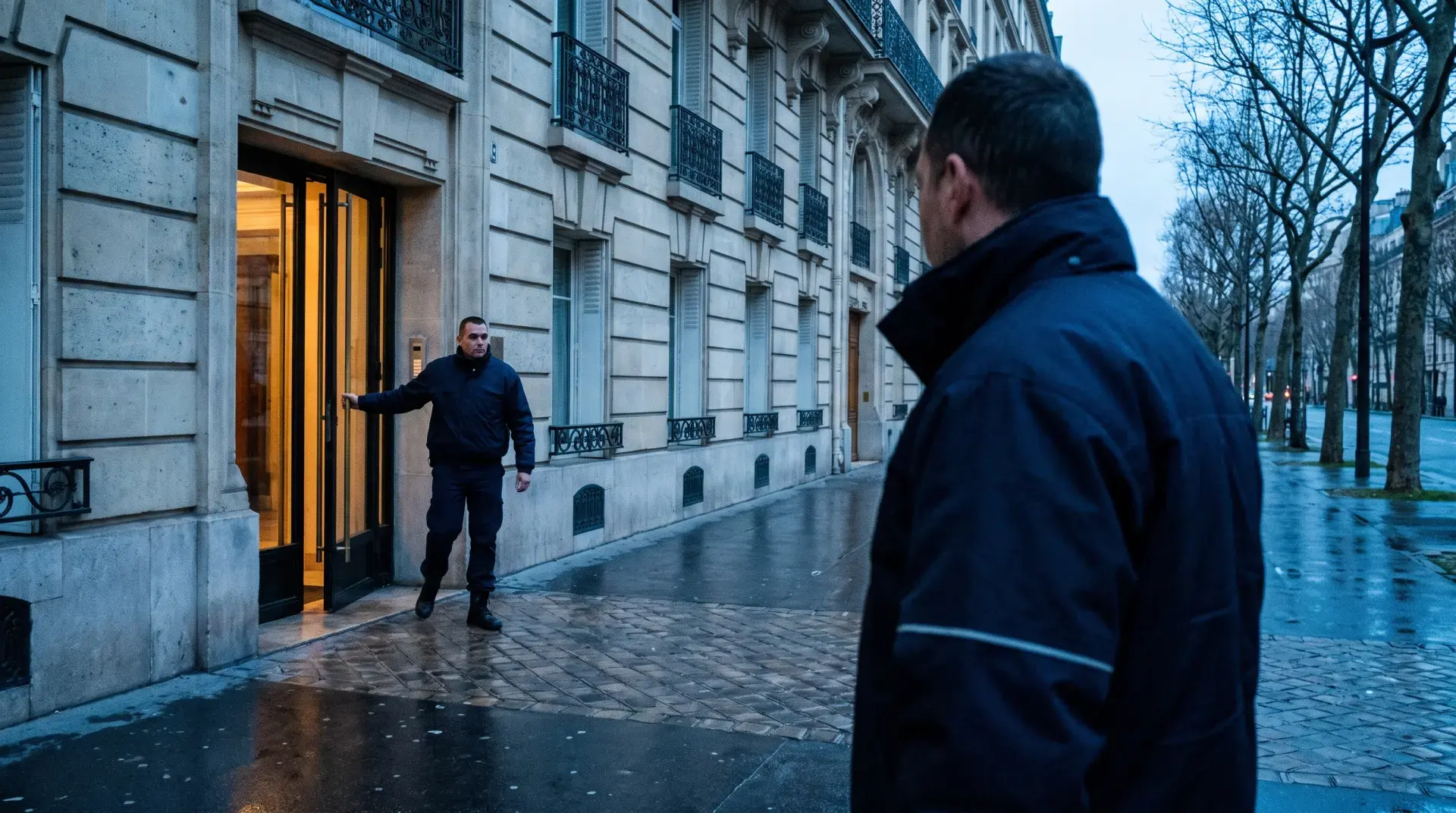 Deux agents de sécurité se relaient à l'entrée d'un immeuble parisien avant l'aube