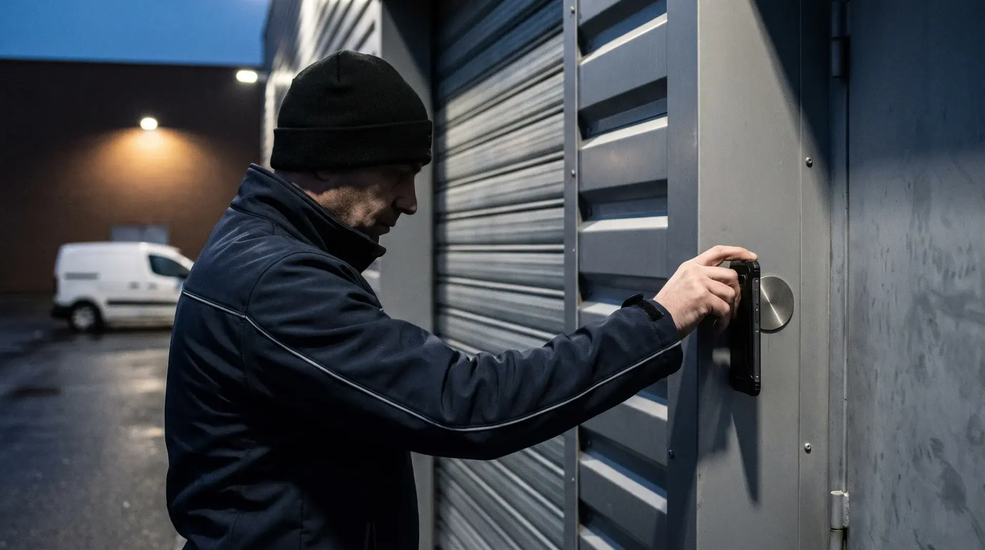 Agent de sécurité badgeant un point de contrôle à l'entrée d'un local d'activité, avant l'aube