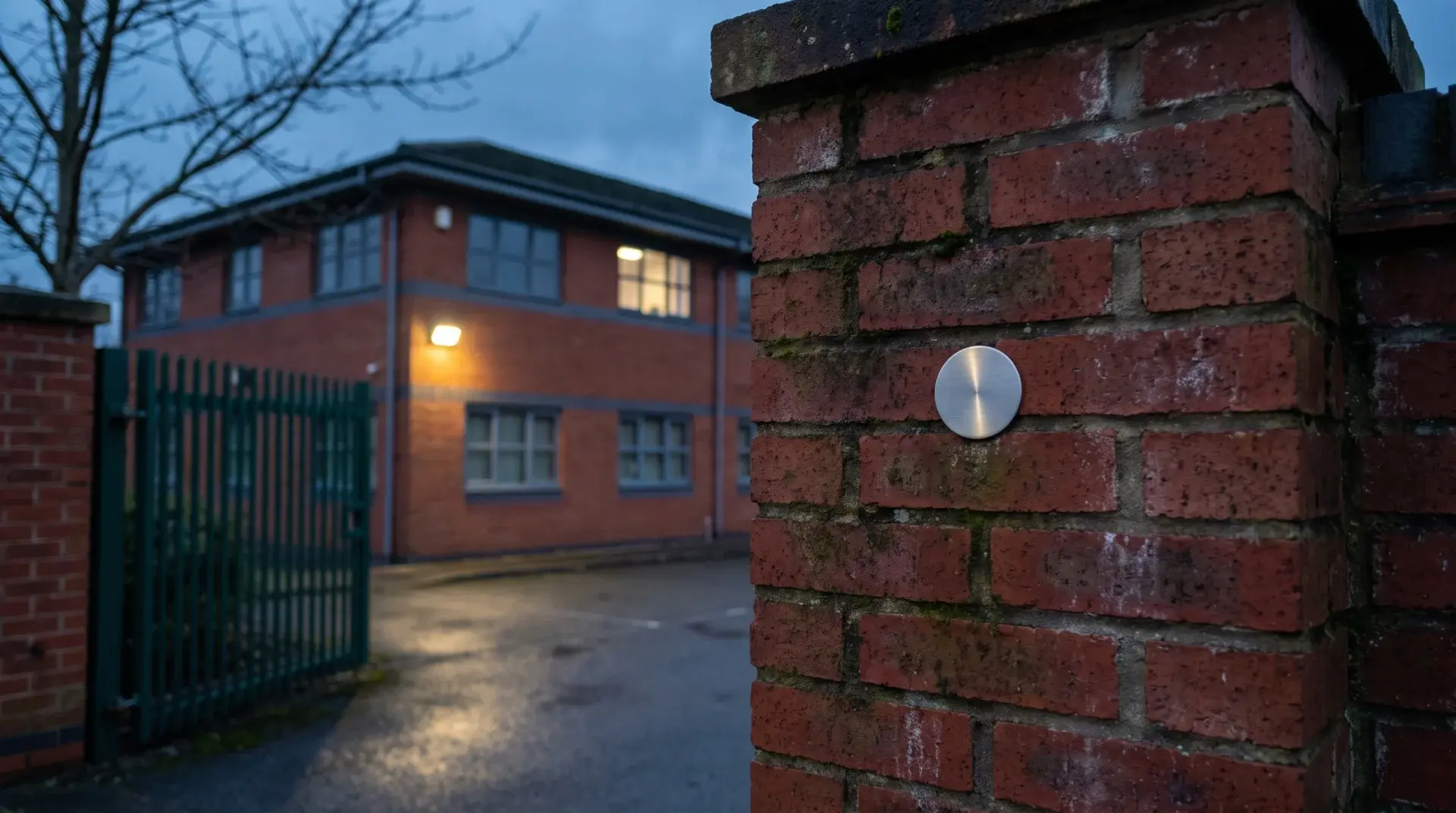 Small blank stainless steel checkpoint tag fixed to the brick pier of an open site gate at dusk
