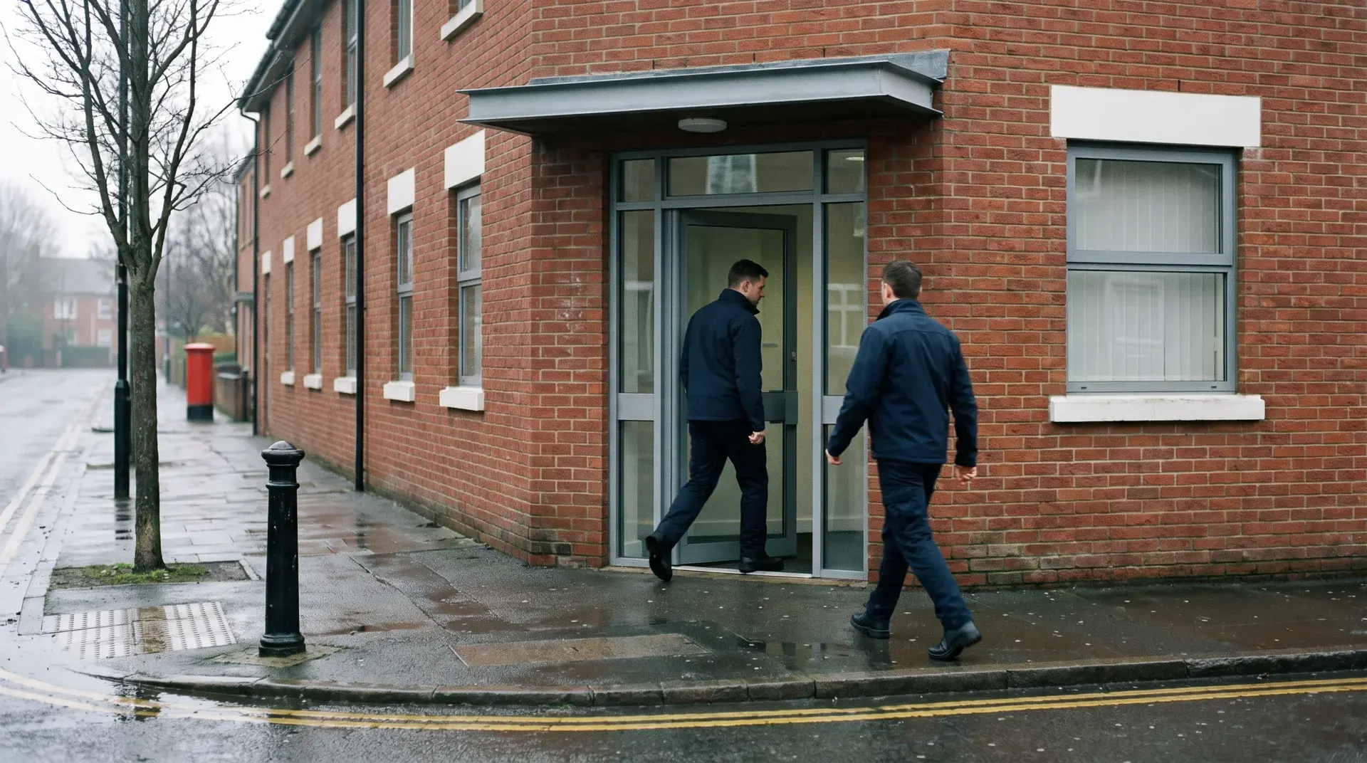Two security officers passing each other at the entrance of a British red brick commercial building on a wet morning