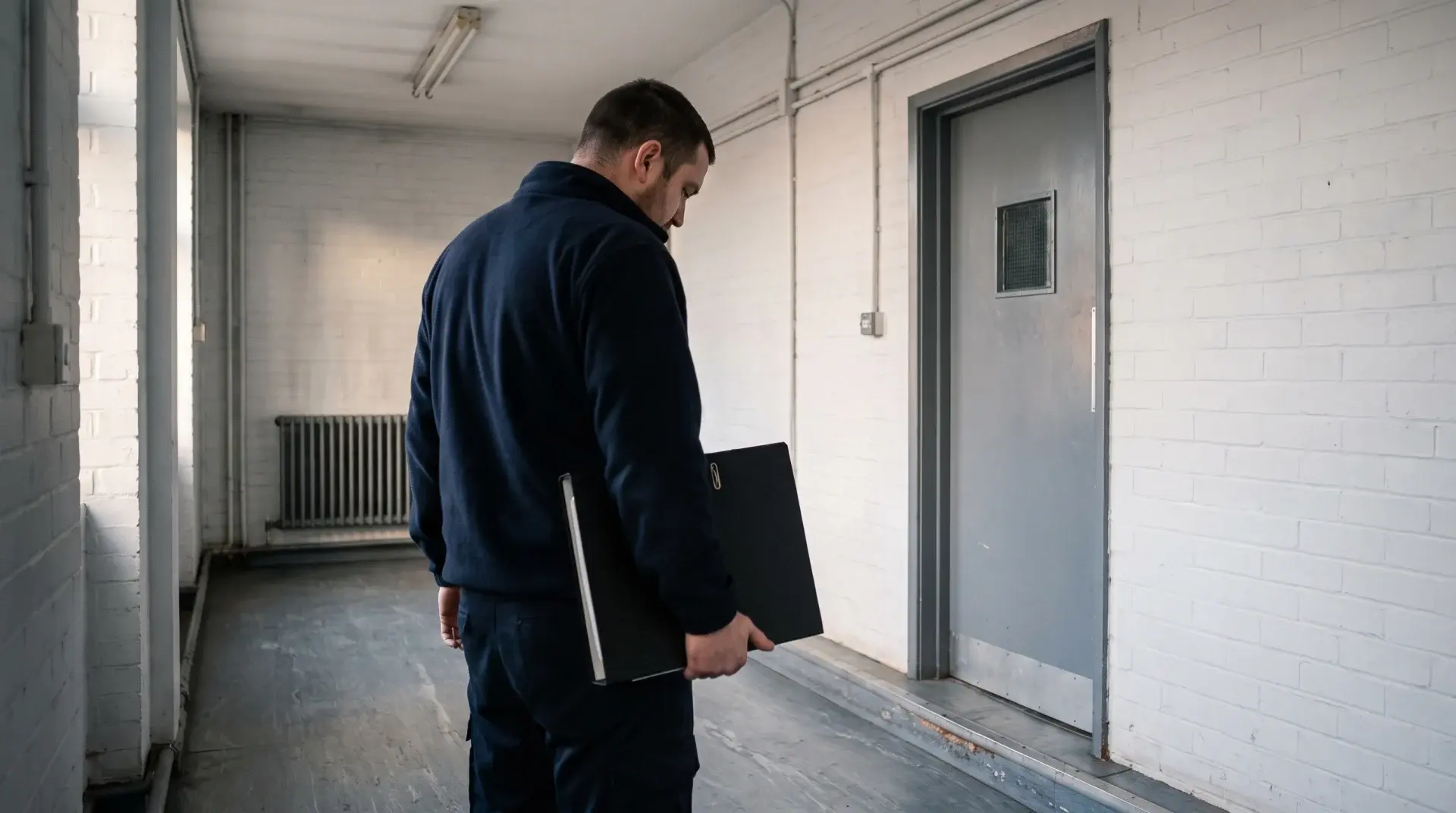 Security officer standing in a back-of-house corridor holding a closed black site file, facing a steel fire door