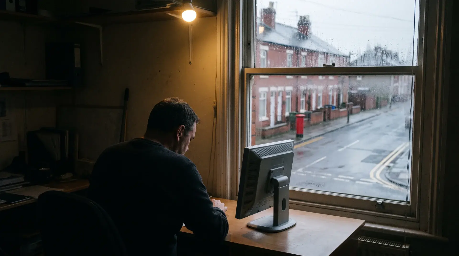 Operations manager seated at a desk in a first-floor office above an empty British street at first light, seen from behind