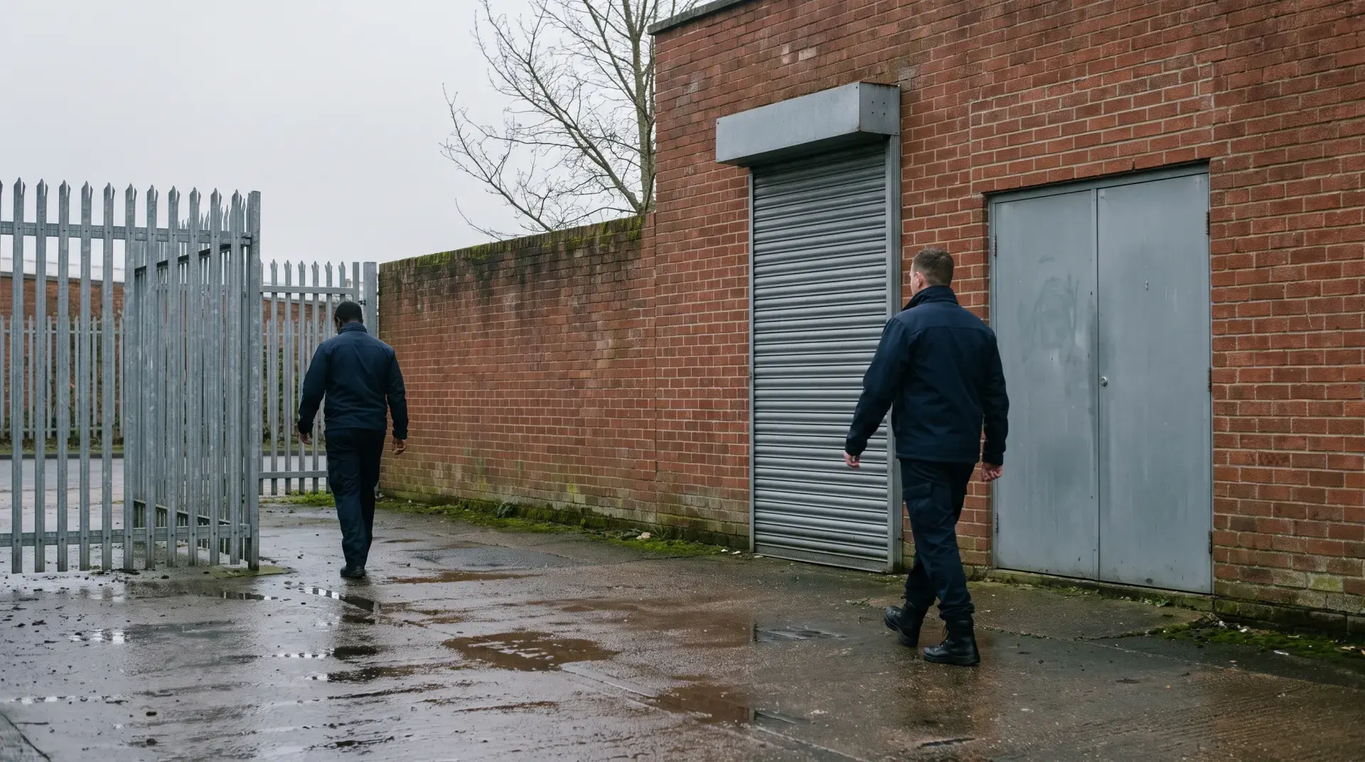 Two security officers passing in the rear yard of a British commercial building, one walking in through the gate as the other walks out