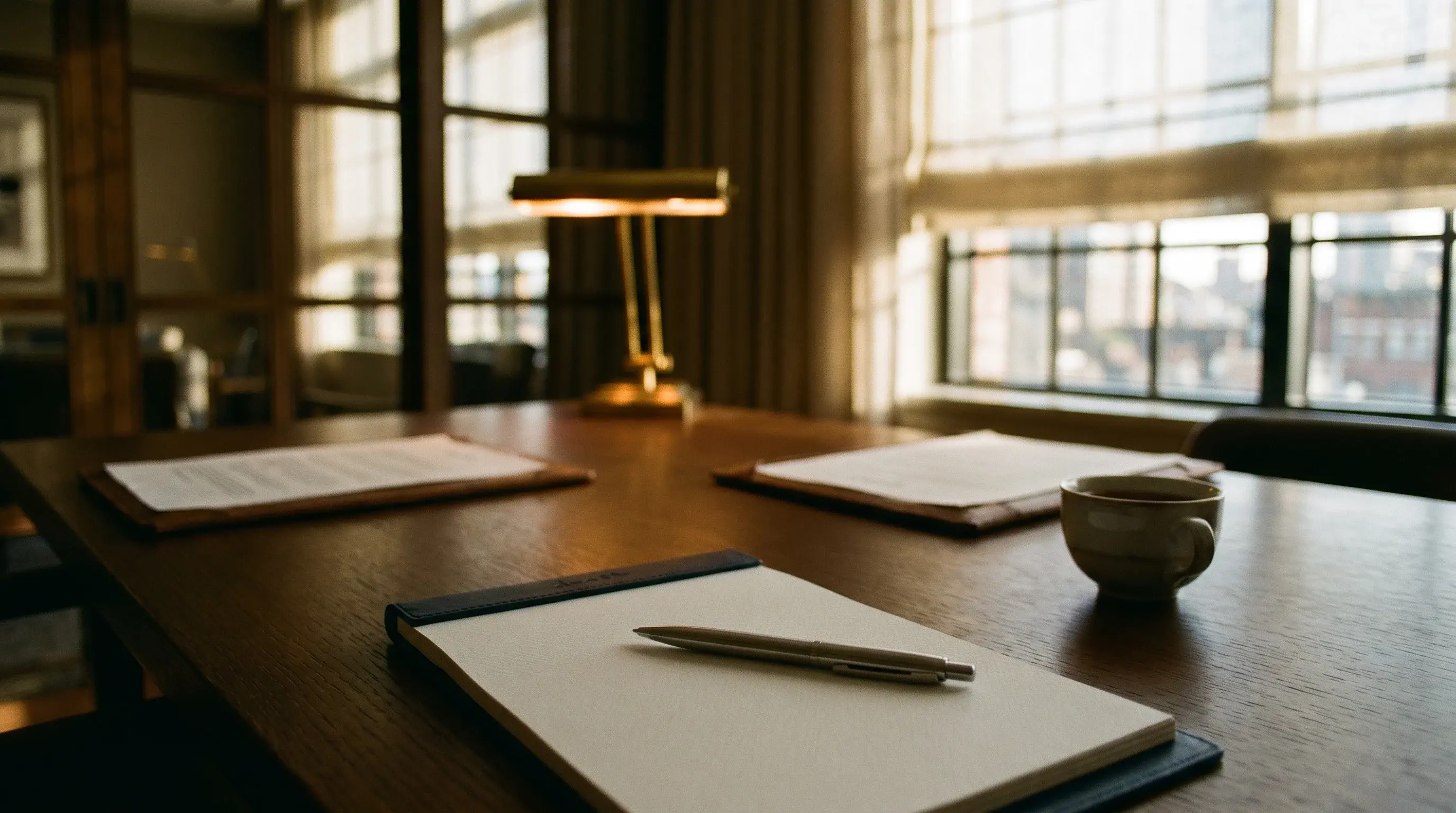 UK private-security verification visit in progress on an oak boardroom table with documentation folders and a notepad, late-afternoon window light
