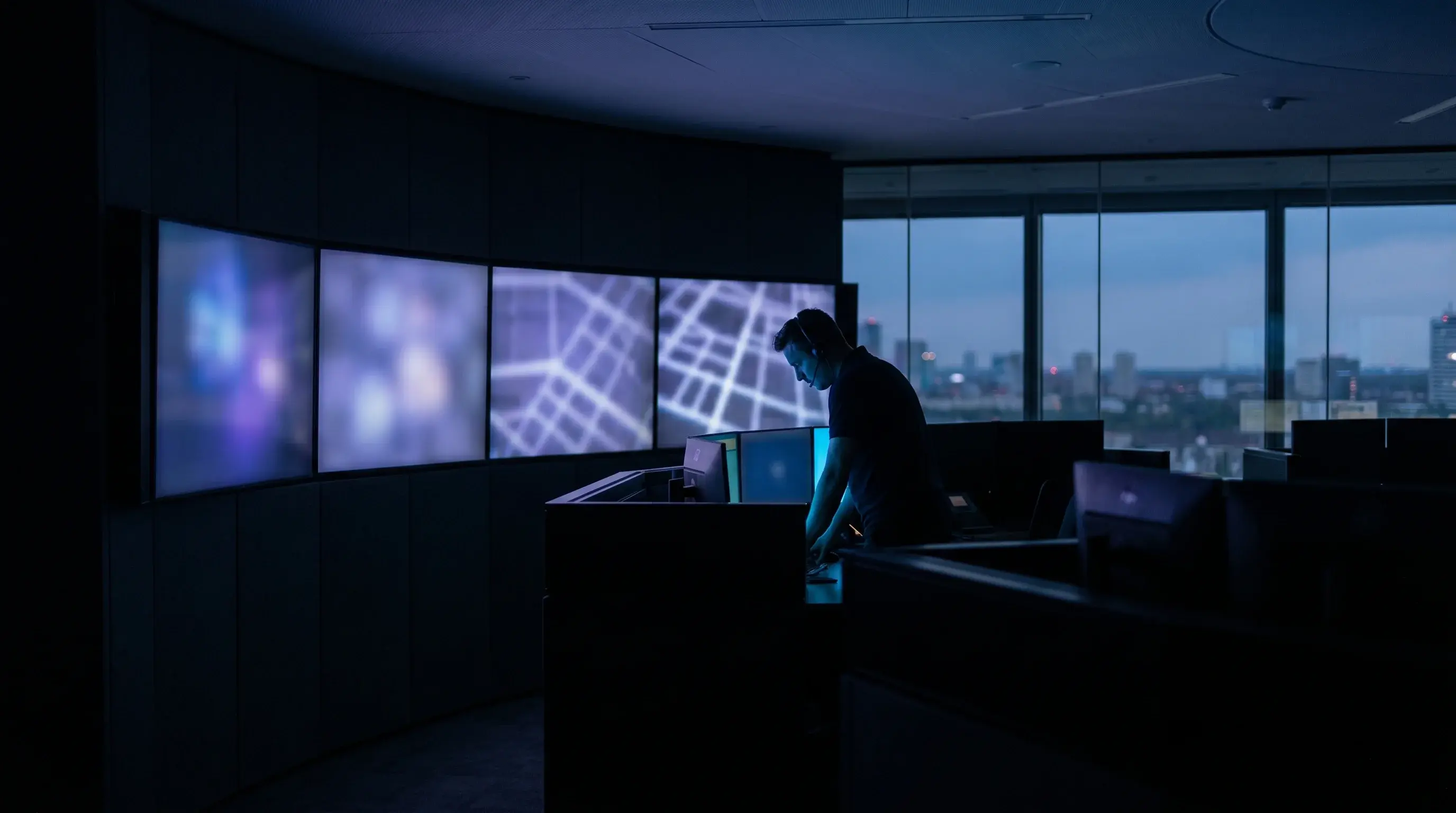 Security operations center at night with the shift schedule and live tour status open across several monitors