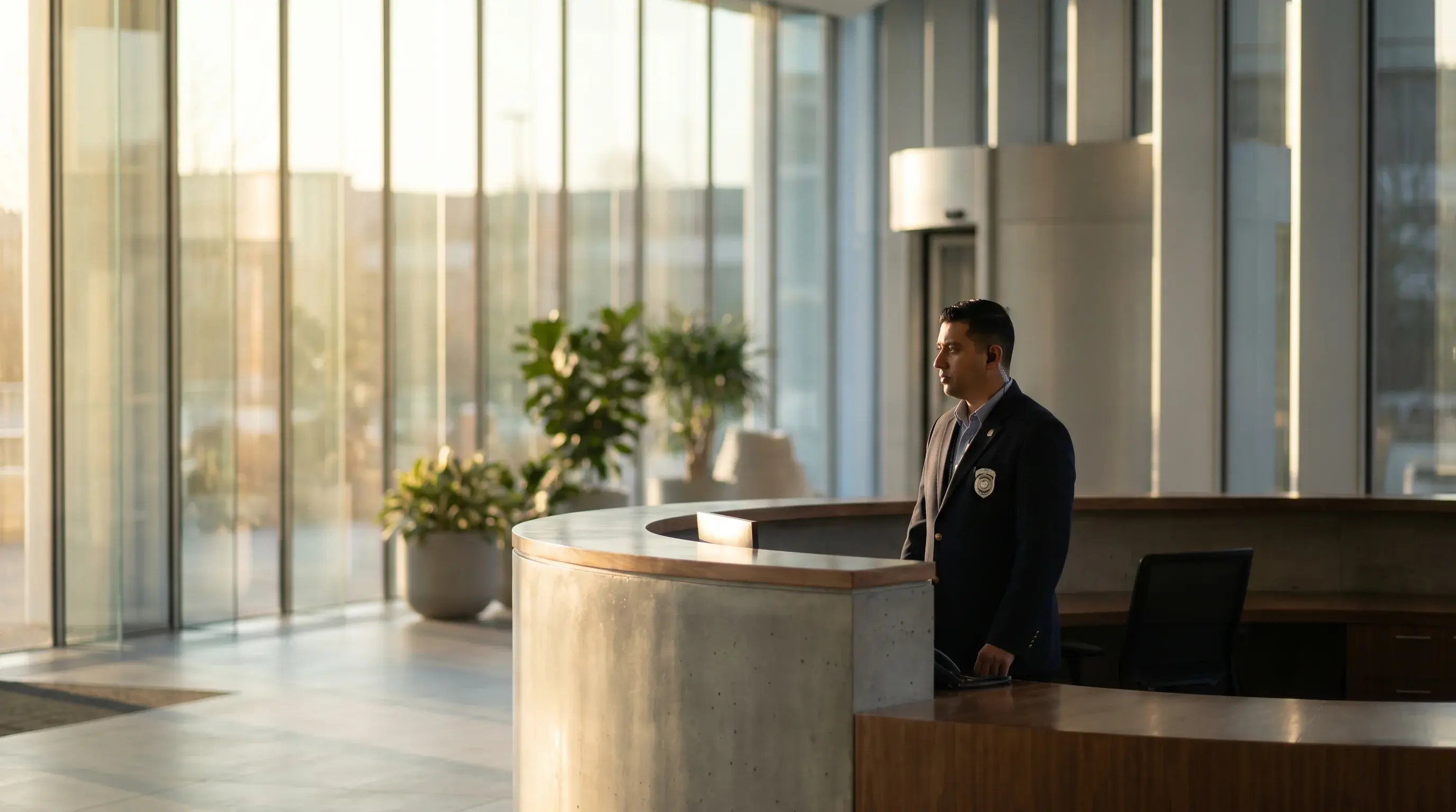 Unarmed security officer staffing the front desk of a commercial building, the kind of baseline assignment that needs only the entry-level guard credential