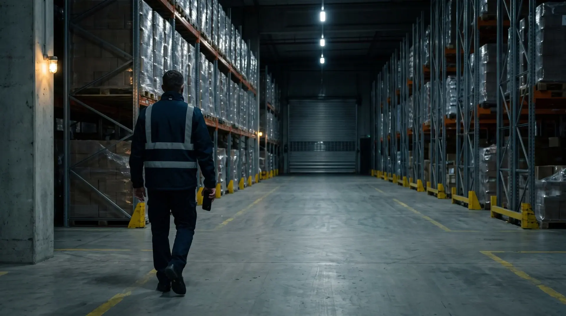 Sicherheitsmitarbeiter geht nachts allein seine Runde durch die leere Regalgasse einer Logistikhalle