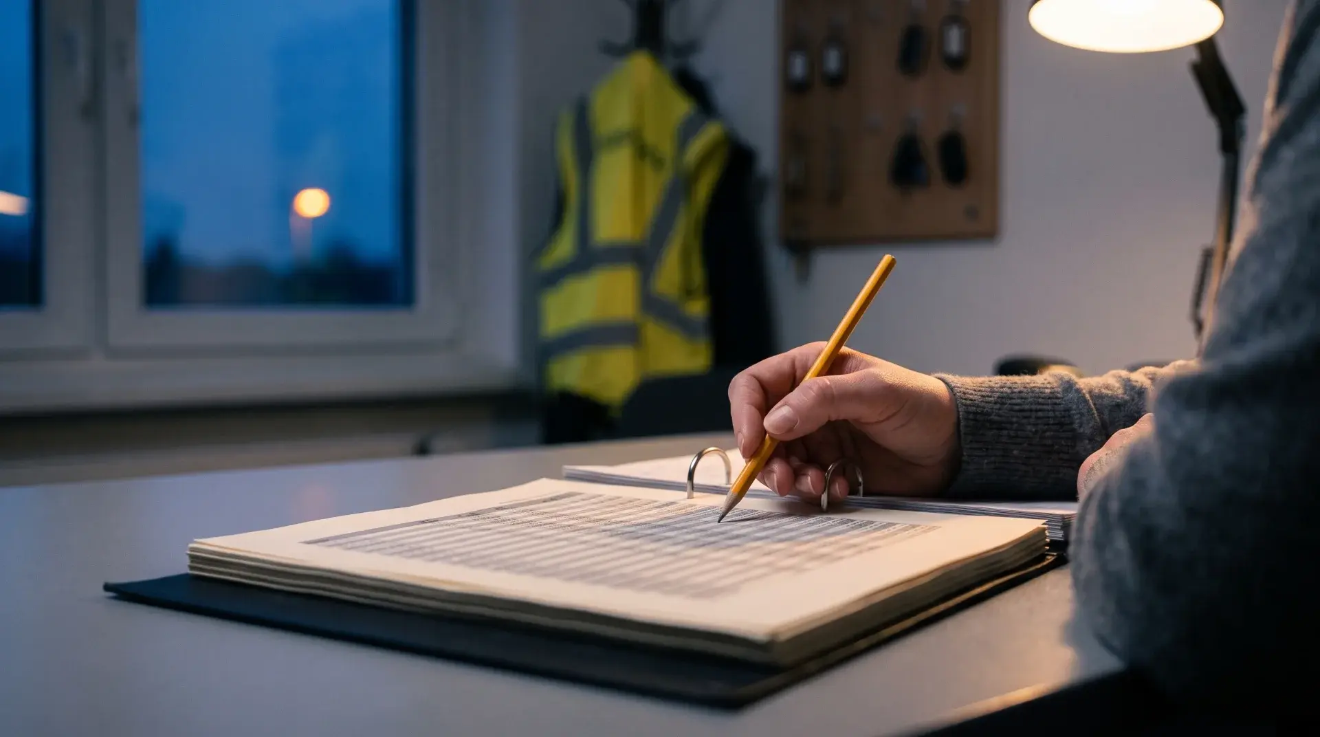 Hand mit Bleistift auf einer Zeile des aufgeschlagenen Tarifordners, Warnweste und Schlüsselbrett dahinter