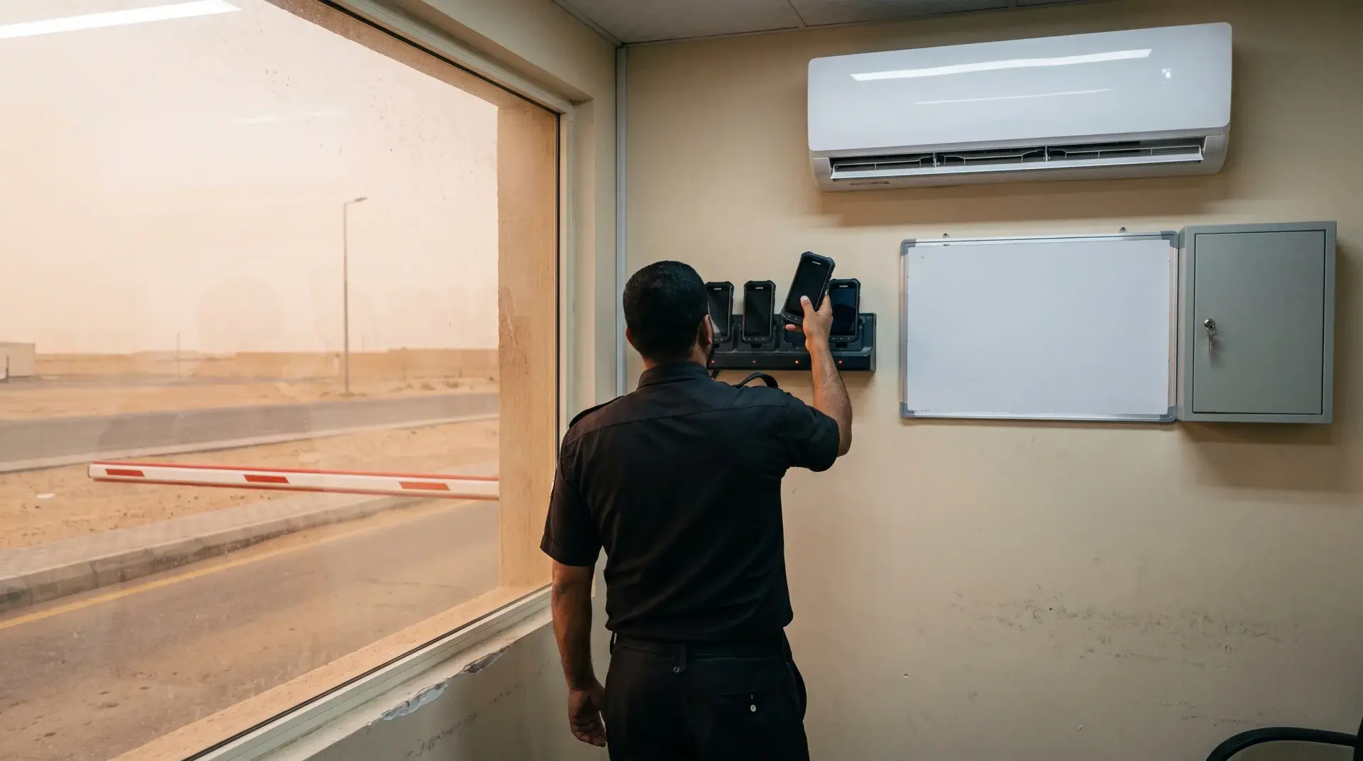 رف شحن يضم هواتف عمل مقوّاة داخل غرفة الحراسة عند البوابة قبل تسليم الوردية المسائية