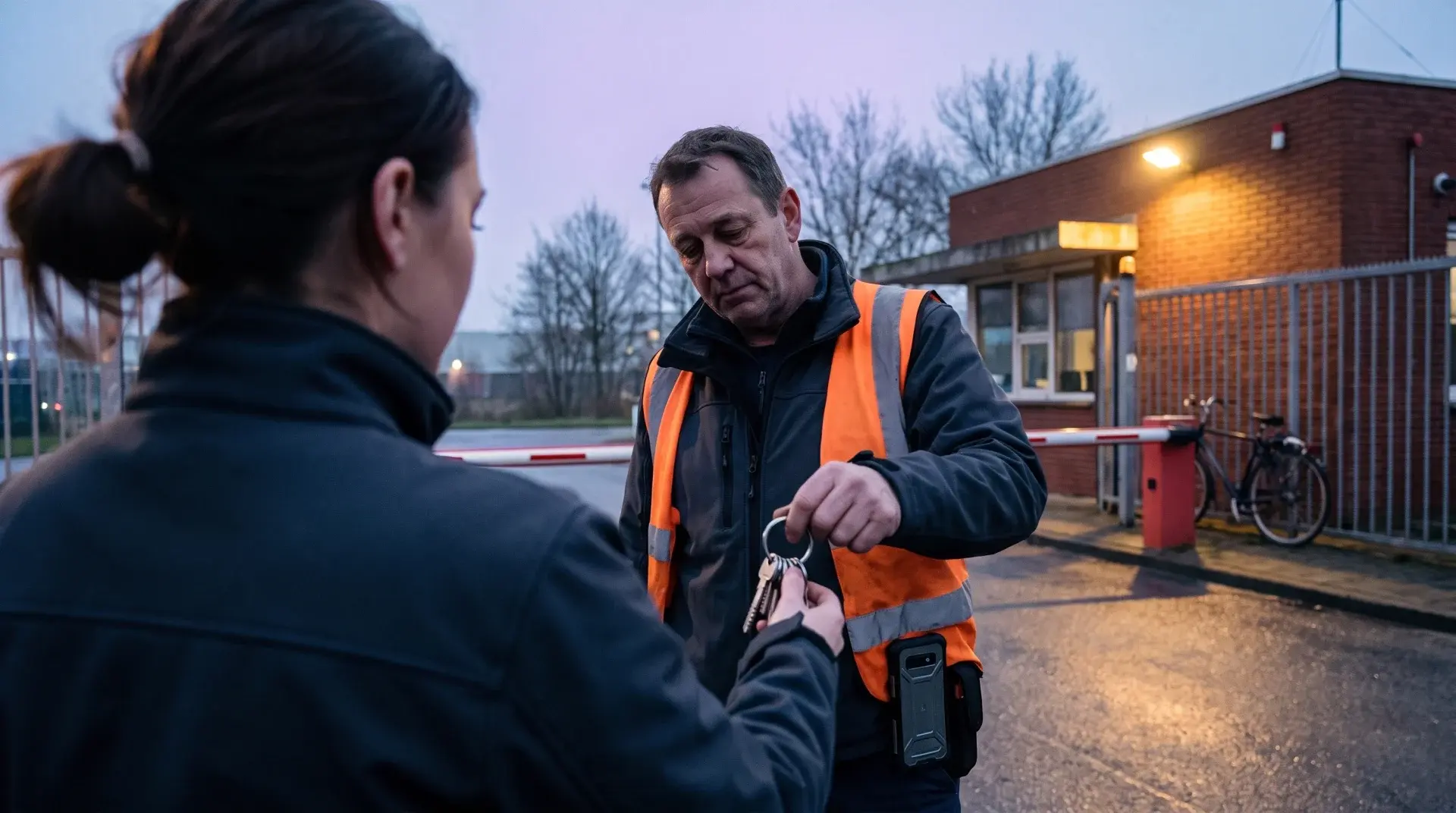 Schichtübergabe im Morgengrauen am Werkstor, über die Schulter der Tagschicht: Der Schlüsselbund wechselt die Hand