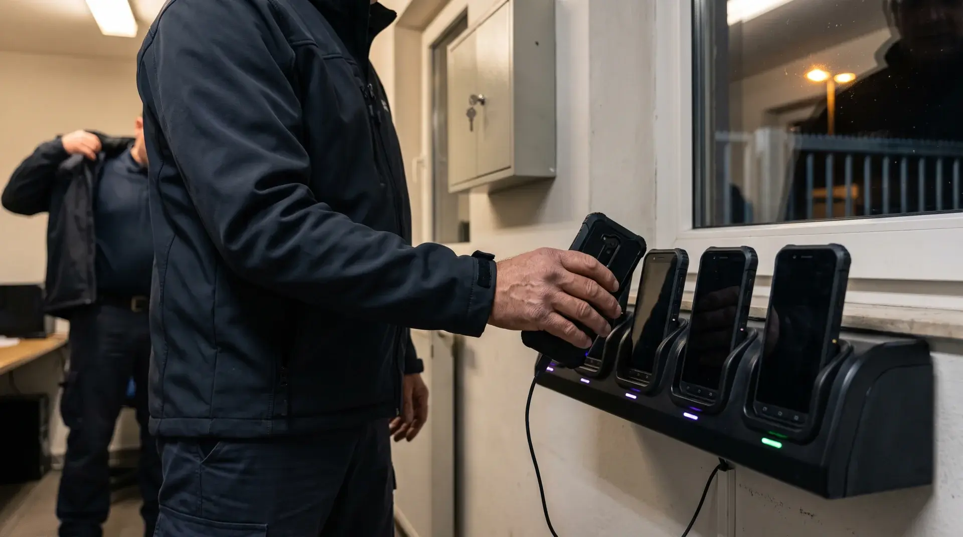 Sicherheitsmitarbeiter nimmt im Pförtnerhaus ein robustes Diensthandy aus einer Ladestation mit vier Geräten