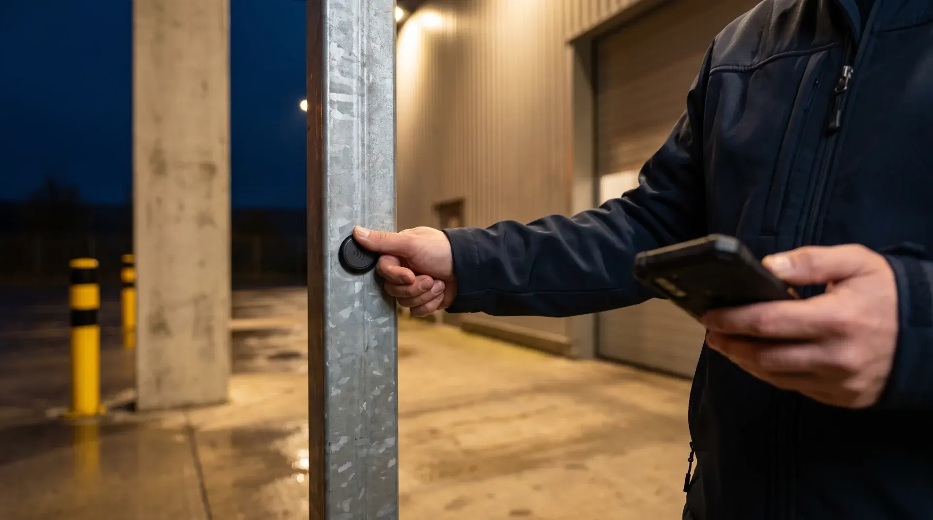 Sicherheitsmitarbeiter drückt abends einen NFC-Tag als Kontrollpunkt an einen Stahlpfosten, Diensthandy in der anderen Hand