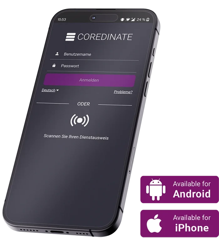 هاتف ذكي مع صفحة تسجيل الدخول إلى COREDINATE لنظامي التشغيل iOS و Android