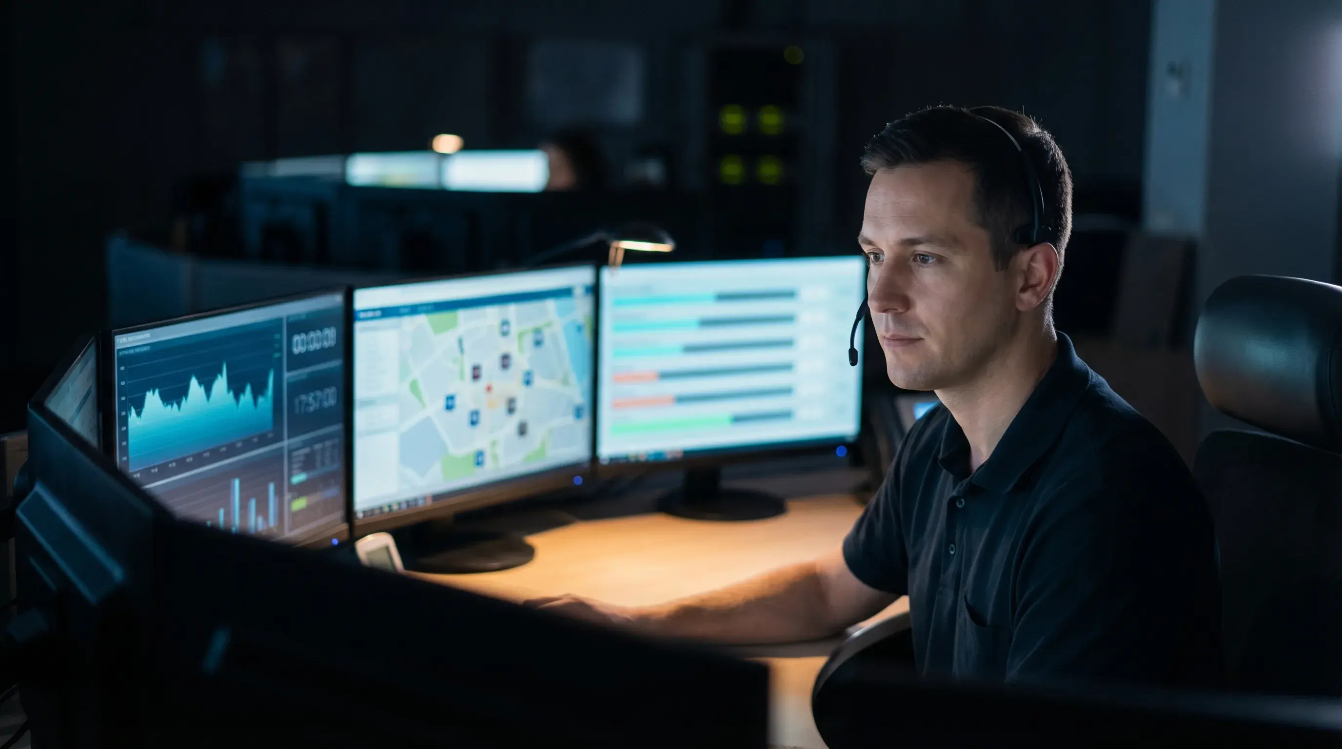 Operator at a UK alarm receiving centre (ARC) working a multi-monitor station while handling an incoming alarm signal