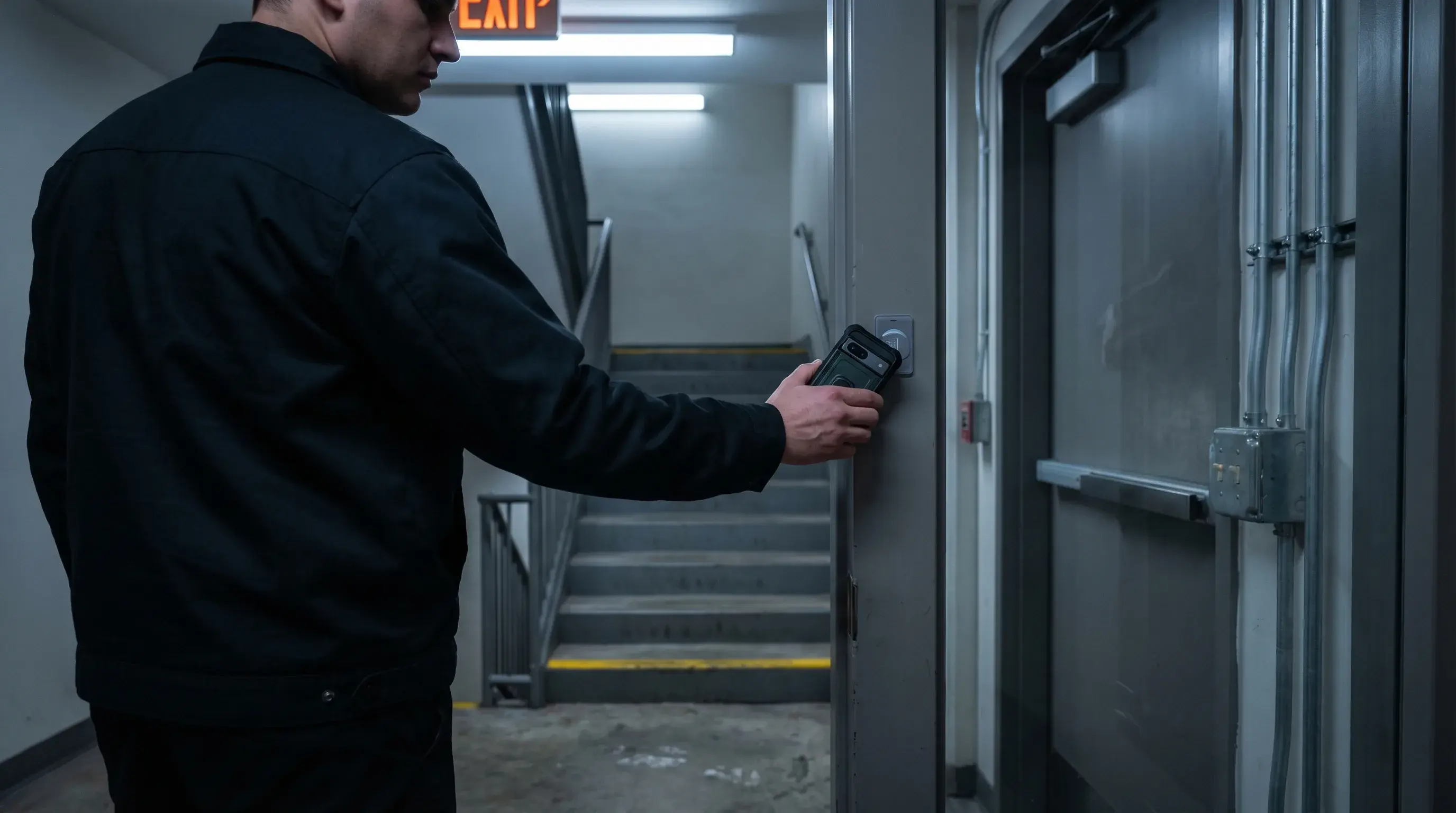 Security officer scanning an NFC checkpoint on a rugged smartphone during a night patrol