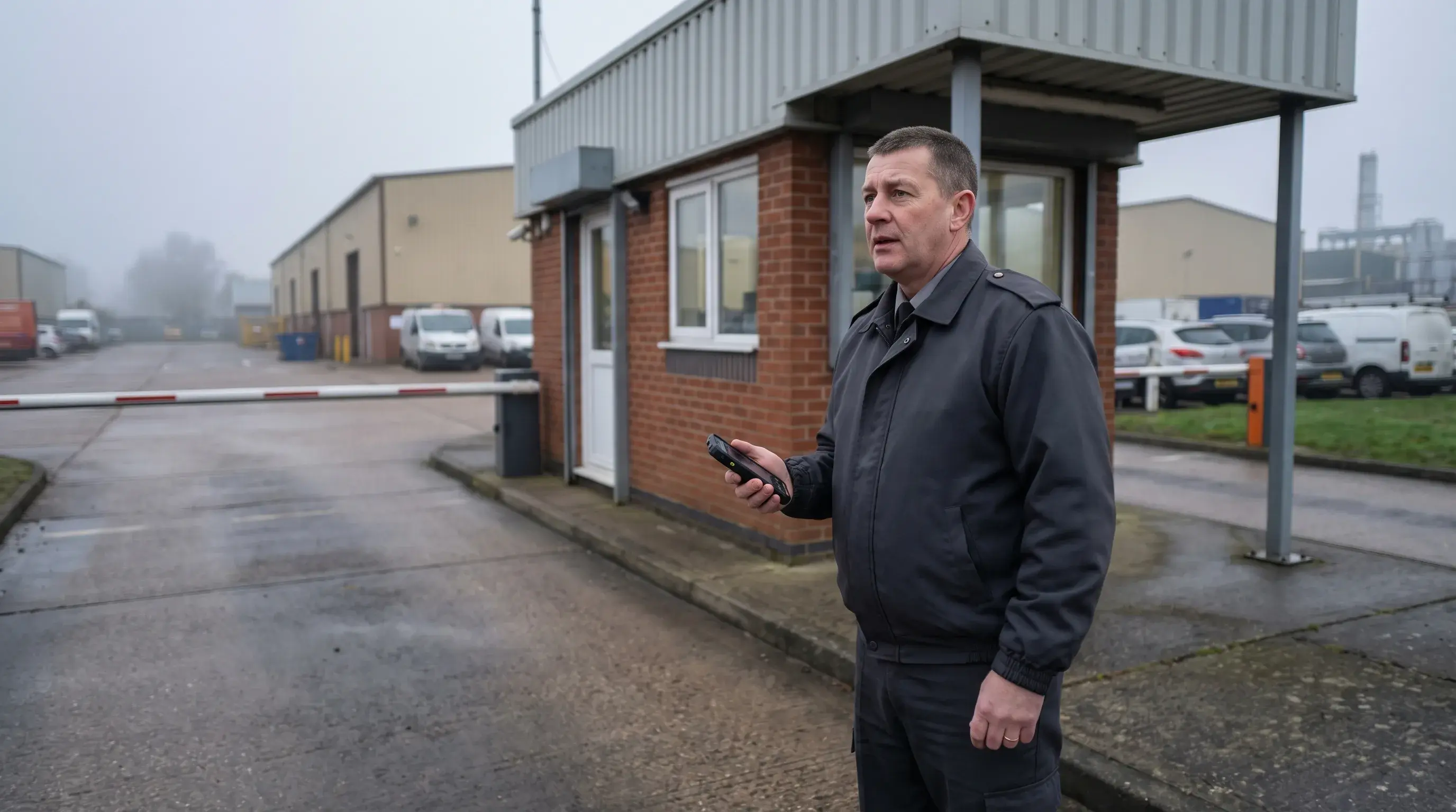 Static security officer at a UK industrial site gatehouse during a morning shift handover