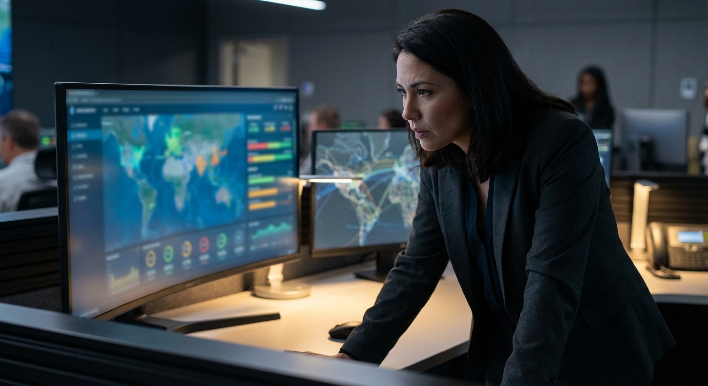 Einsatzleiterin überwacht Sicherheitsrundgänge am Dashboard-Monitor im Kontrollraum