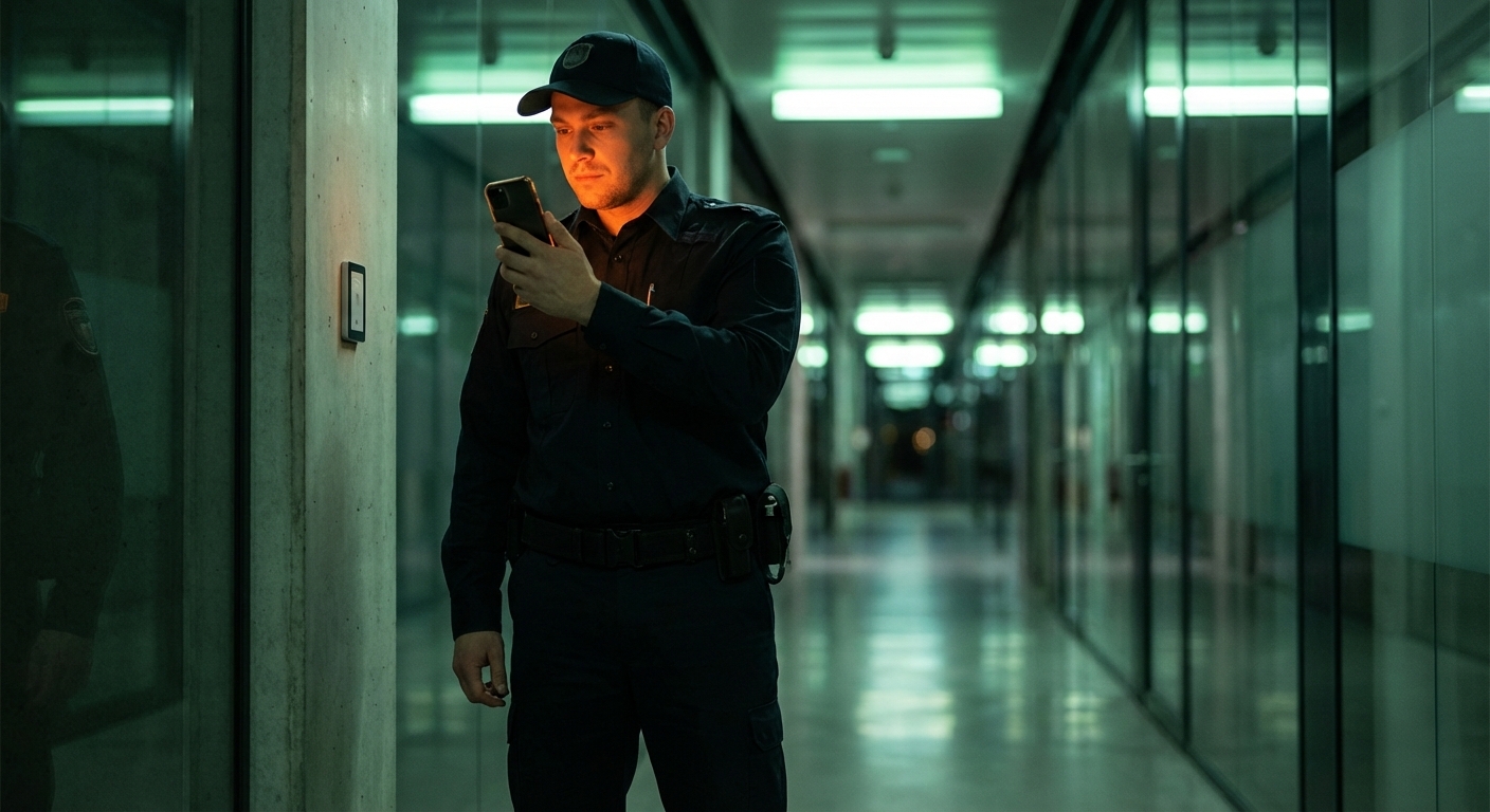 Sicherheitsmitarbeiter scannt NFC-Kontrollpunkt bei Nachtrundgang mit Smartphone