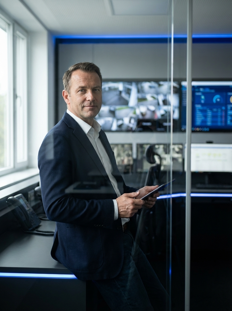 Zufriedener Sicherheitsmanager im Kontrollraum mit Tablet und Überwachungsmonitoren