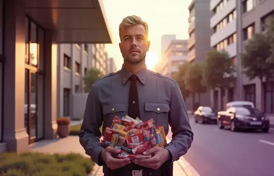 Security guard stands in front of a company building with his hands full of candy for Black Friday