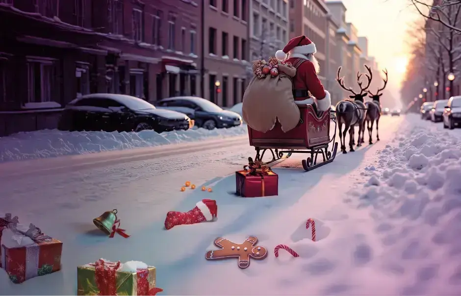 Saint Nicholas drives along the road on his sleigh and loses presents