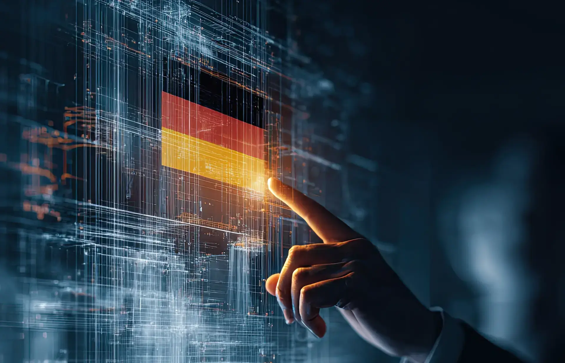 Finger taps on digital user interface with German flag displayed.