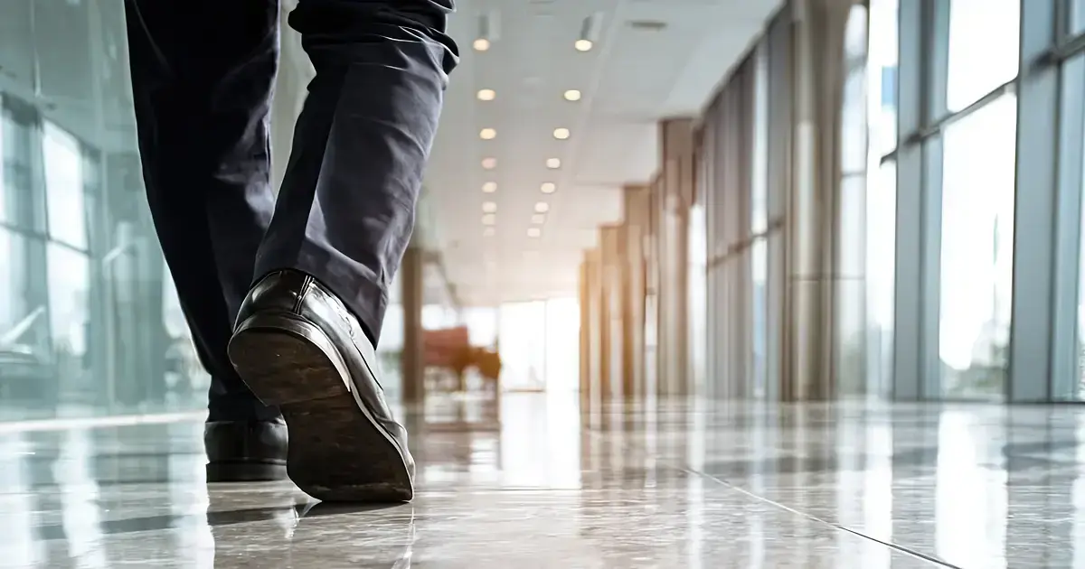 Businessman walks across a shiny office hallway with reflective marble flooring.
