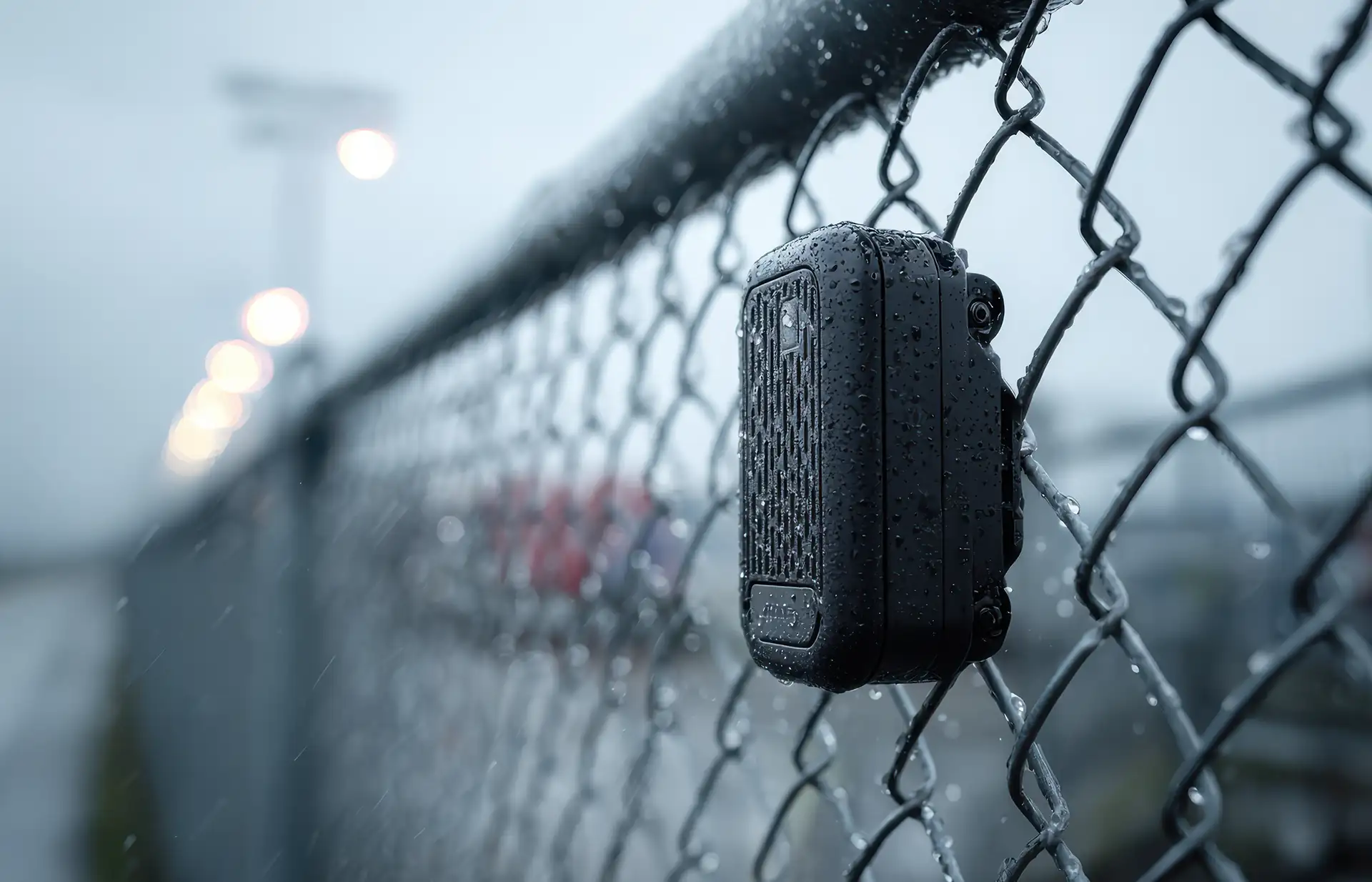 Weatherproof Bluetooth beacon on an outdoor railing – robust hardware for security and facility patrols in the rain