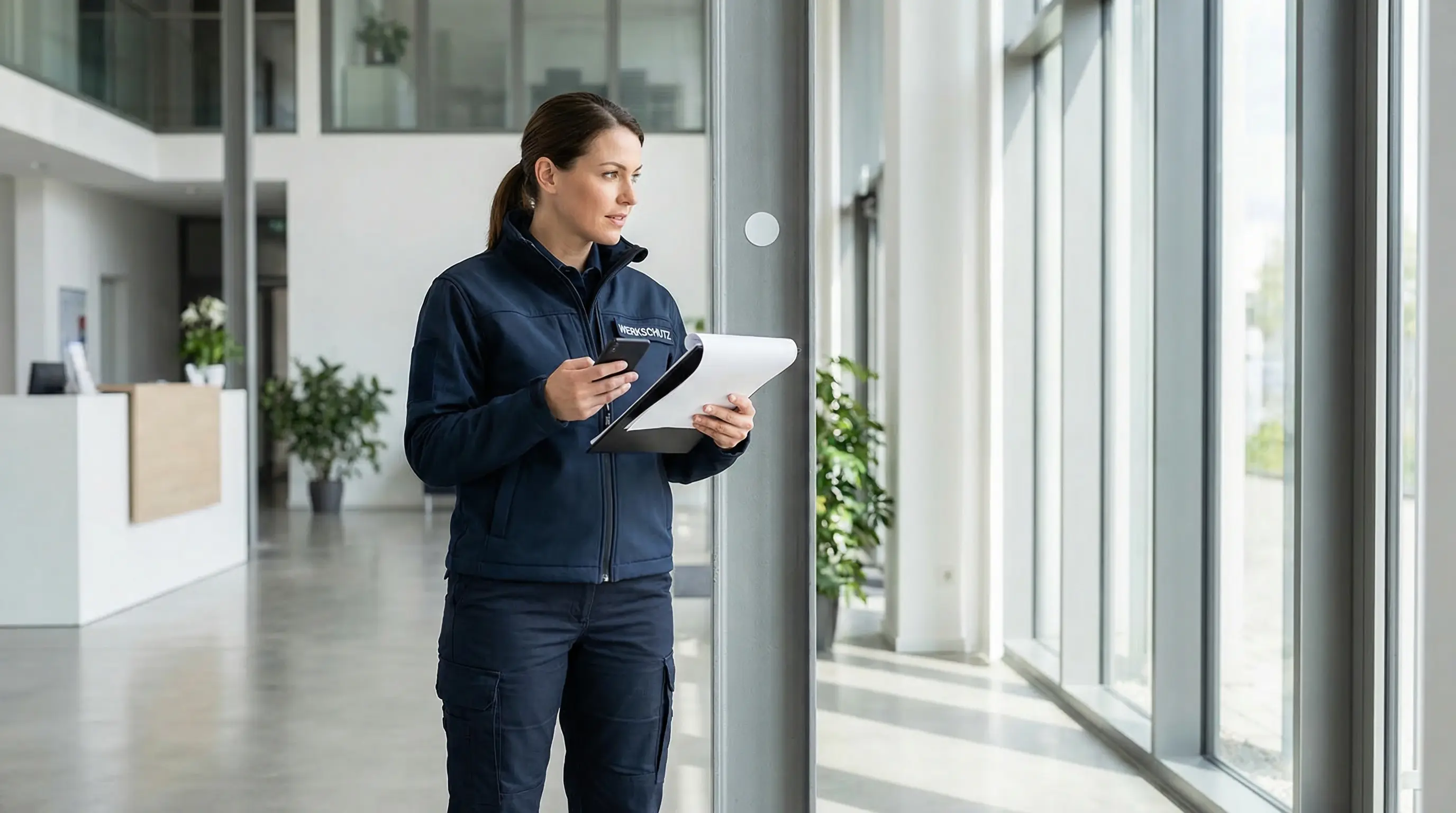 Werkschutz-Mitarbeiterin mit Smartphone und Klemmbrett bei der Arbeitszeiterfassung in einem modernen Firmengebäude