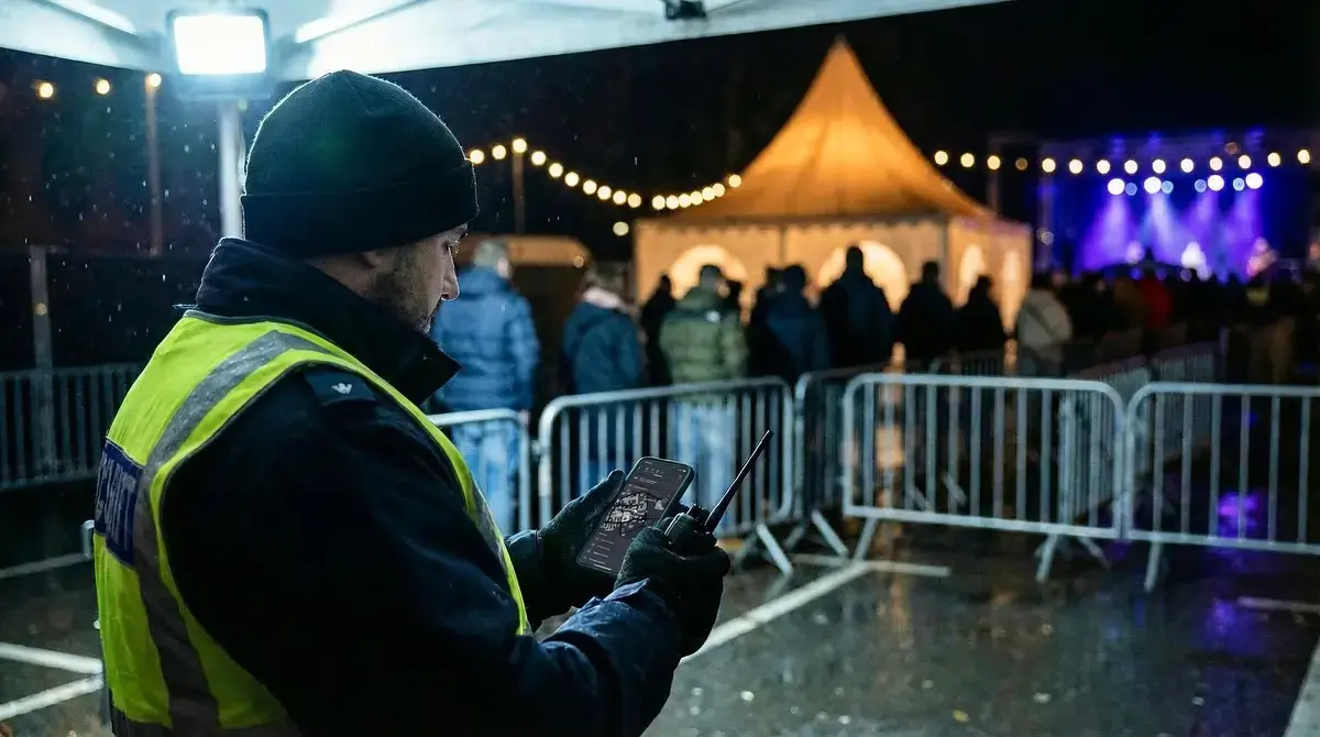 Sicherheitsmitarbeiter prüft COREDINATE App auf dem Smartphone bei einem Karneval-Event