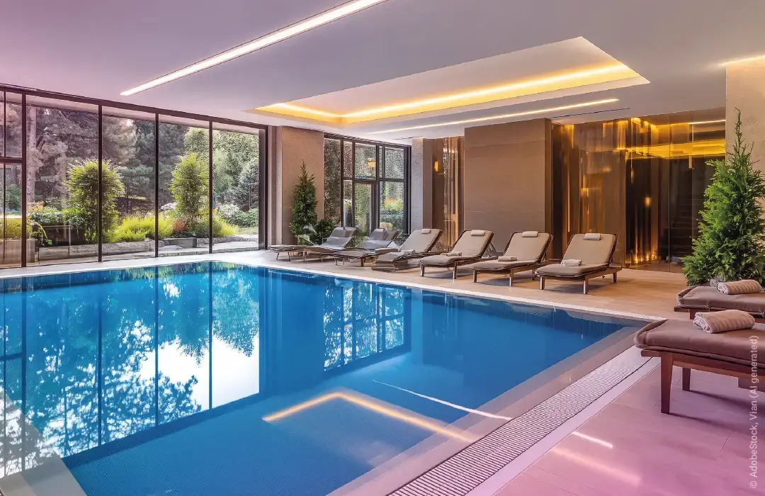 Swimming-Pool im Wellness-Bereich eines Hotels mit Liegen und Panoramafenstern