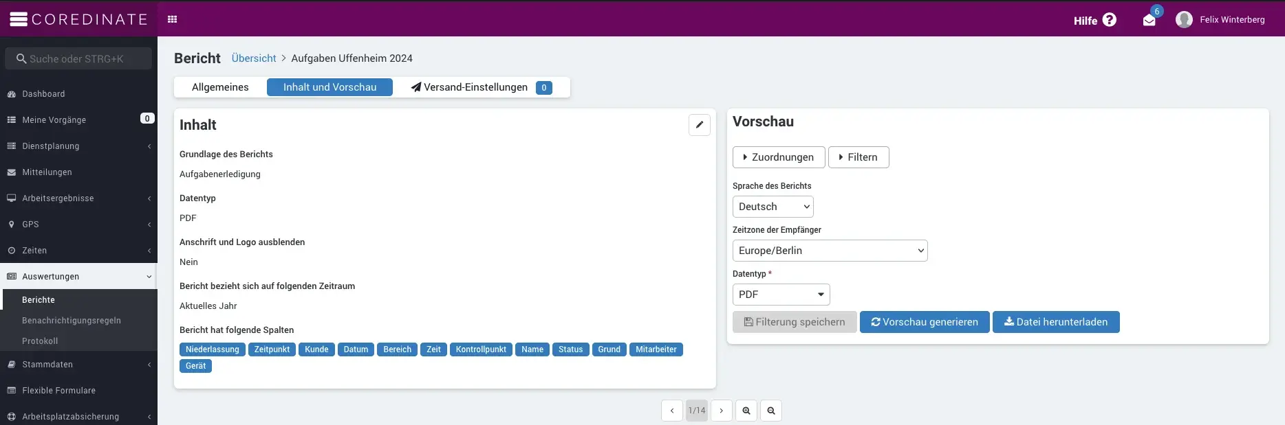 COREDINATE Portal: Bericht-Editor mit Vorschau