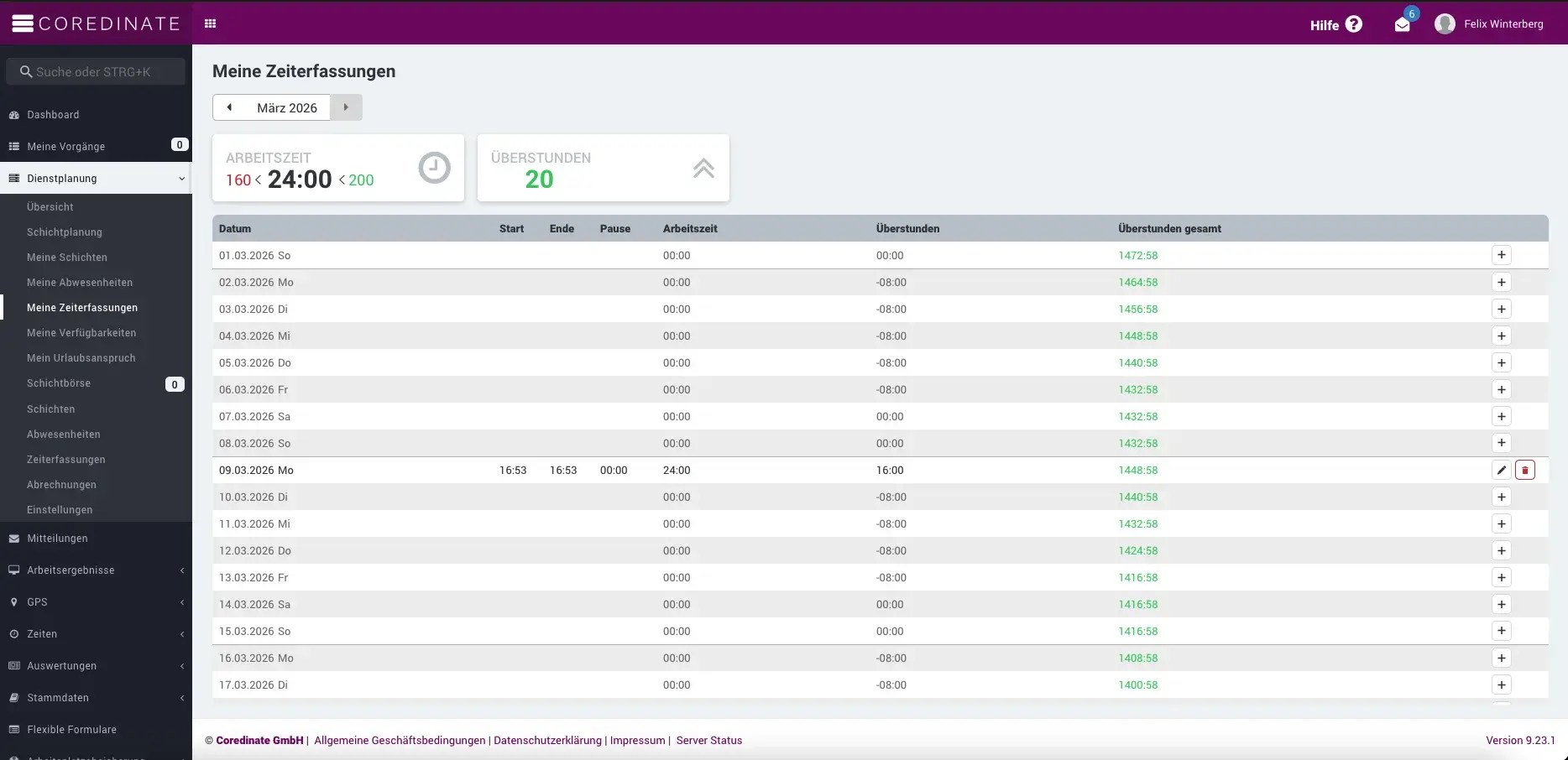 COREDINATE Portal: Zeiterfassung mit Monatsübersicht und Stundennachweis