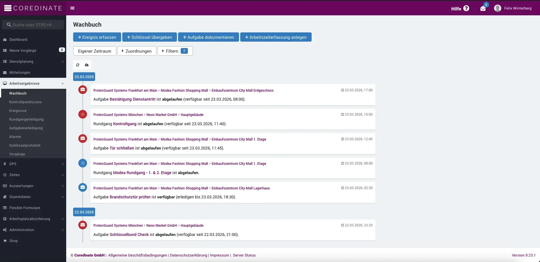 COREDINATE Portal: Digitales Wachbuch mit Ereignissen und Aufgaben