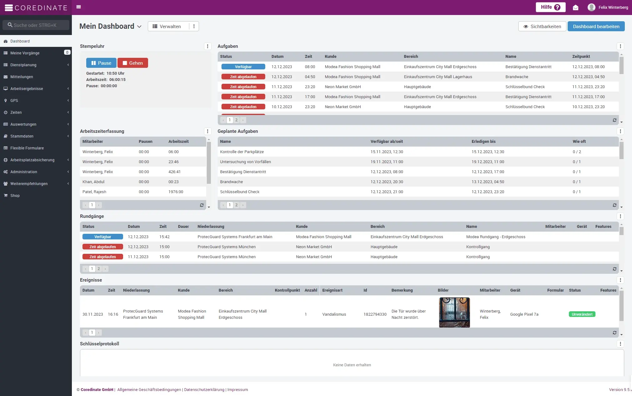 COREDINATE Portal: Dashboard mit Rundgang-Widgets und Kartenansicht