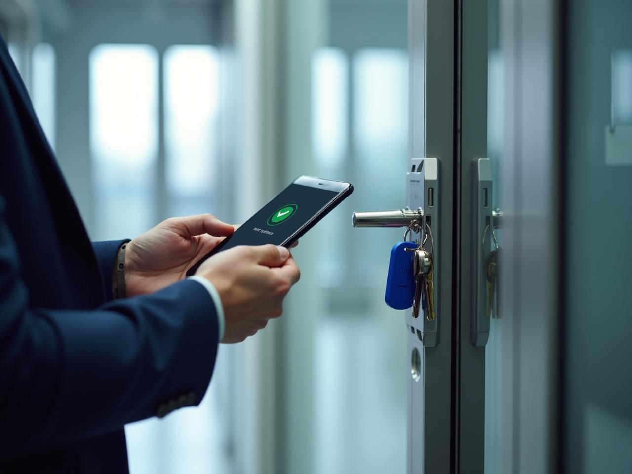 A person holds a smartphone with an open access app in front of a glass door with a door lock and key ring, including a blue NFC tag - a symbol for digital access control.